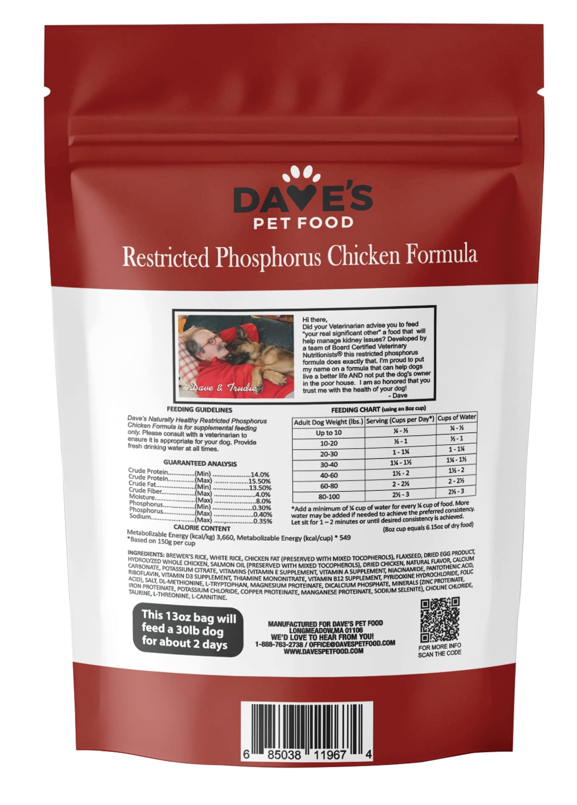 Dave’s Pet Food Kidney Support for Dogs with Renal Support (Chicken Formula Crumble) Non-Prescription Low Phosphorus Restricted Diet Dog Food, Added Vitamins Minerals & Taurine, Vet Formulated (13 oz)