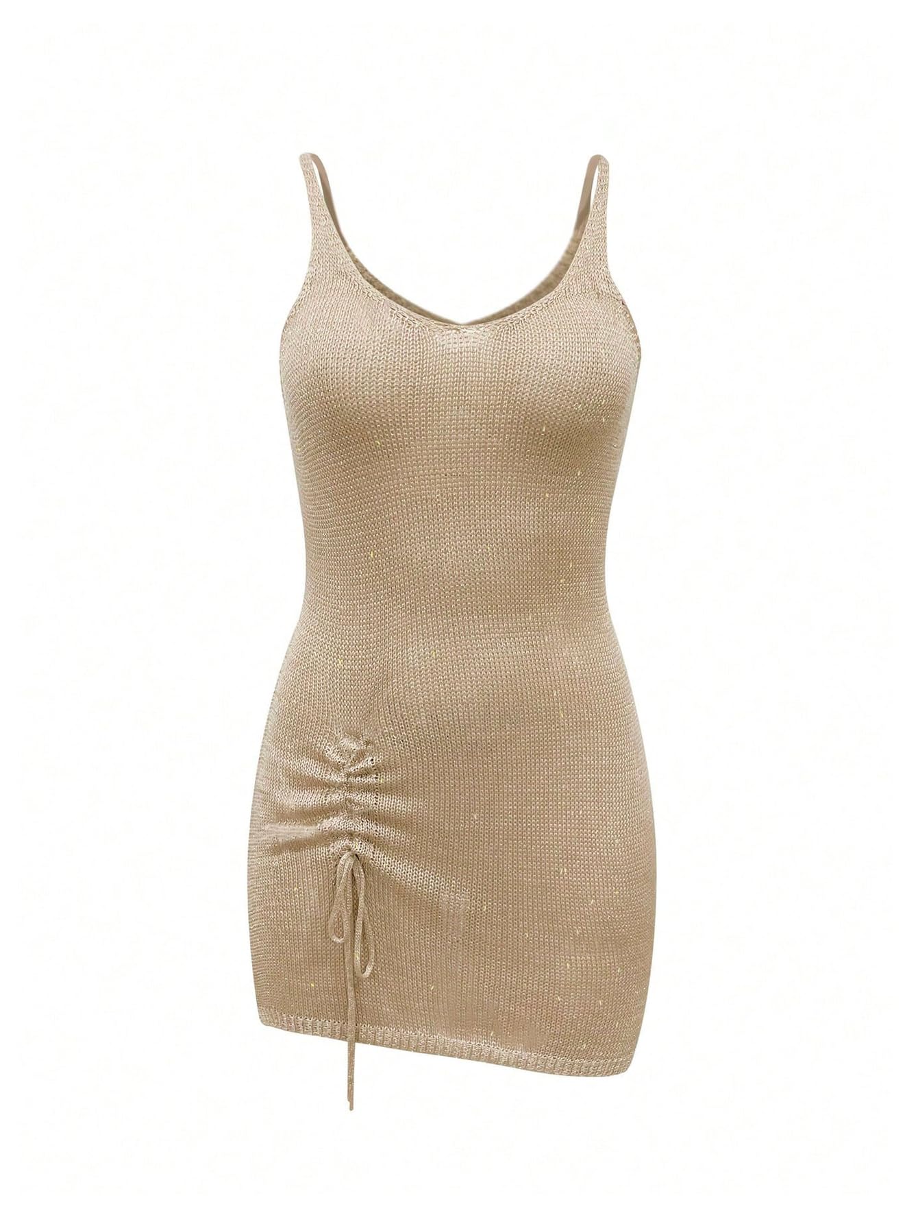 WDIRARA Women's Swimsuit Coverup Shiny Drawstring Crochet Knit Beach Dress Cover Ups Khaki Small