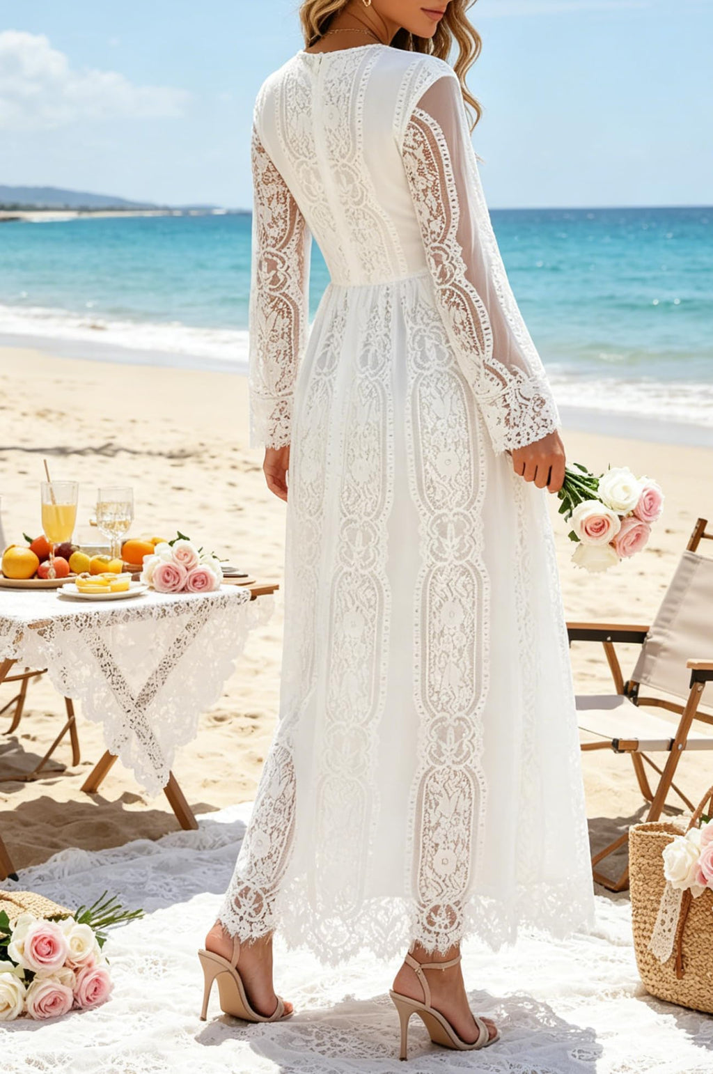 Women's V Neck Long Sleeves White Lace Maxi Wedding Dress Boho Flowy Wedding Guest Formal Party Dress Fall Winter Spring