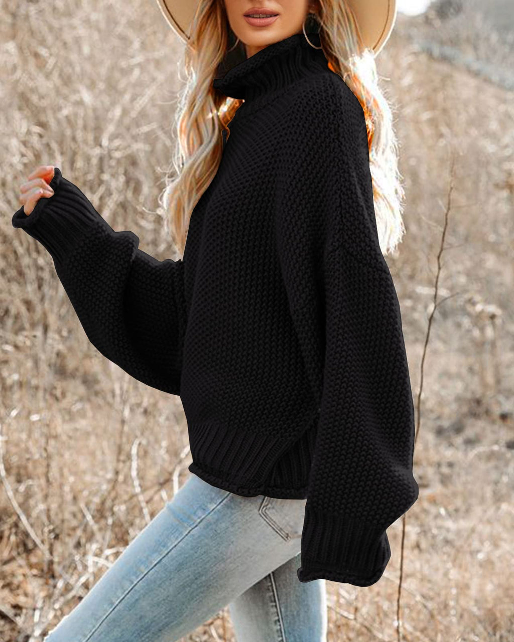 Saodimallsu Womens Turtleneck Oversized Sweaters Batwing Long Sleeve Pullover Loose Chunky Knit Jumper (Medium, Black)