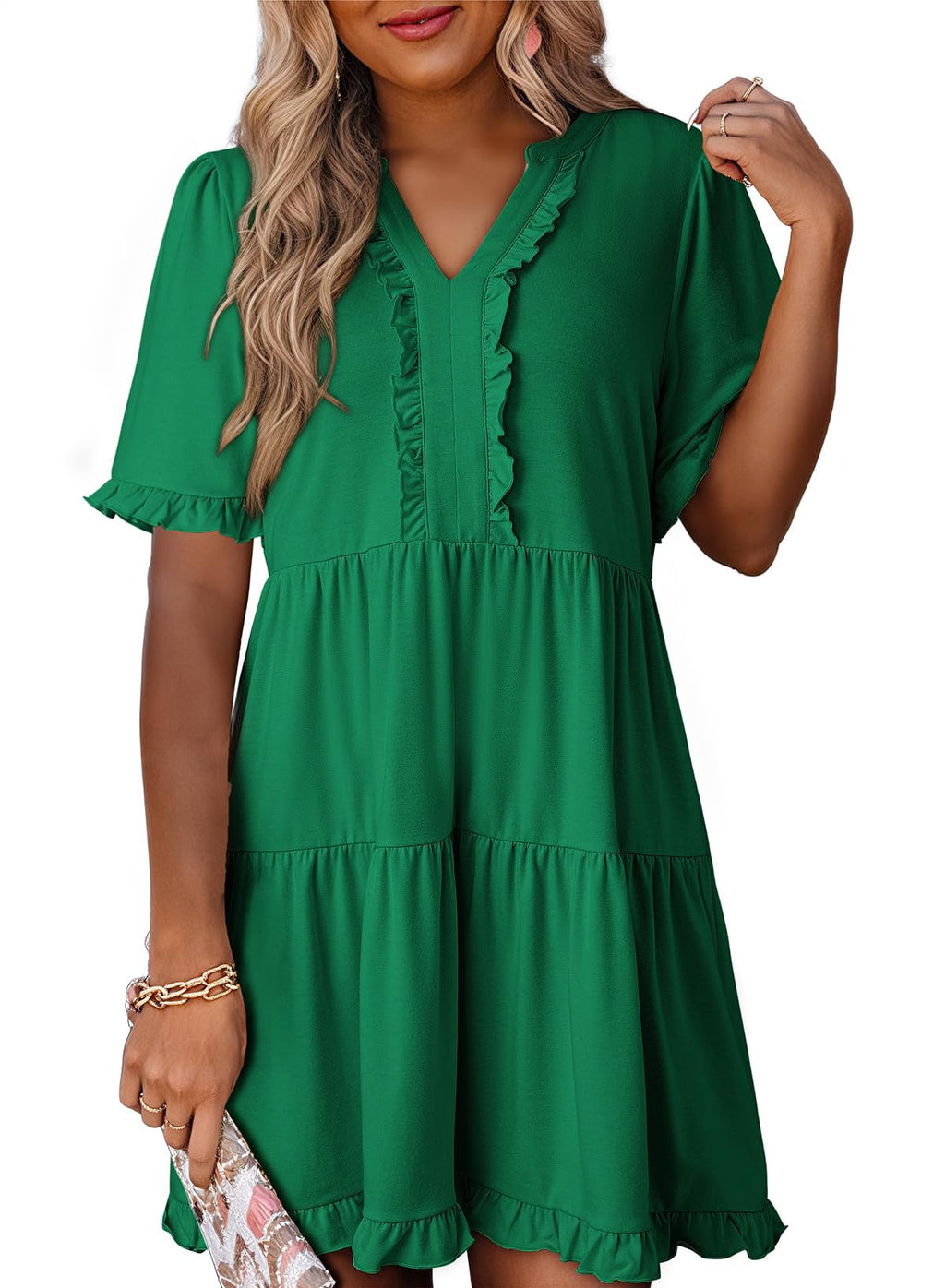 Dokotoo Summer Dresses for Women Short Sleeve V Neck Empire Waist Casual Flowy Swing Plus Size Babydoll Western Tiered Tunic A Line Dresses with Pockets Easter Kelly Green Dress L