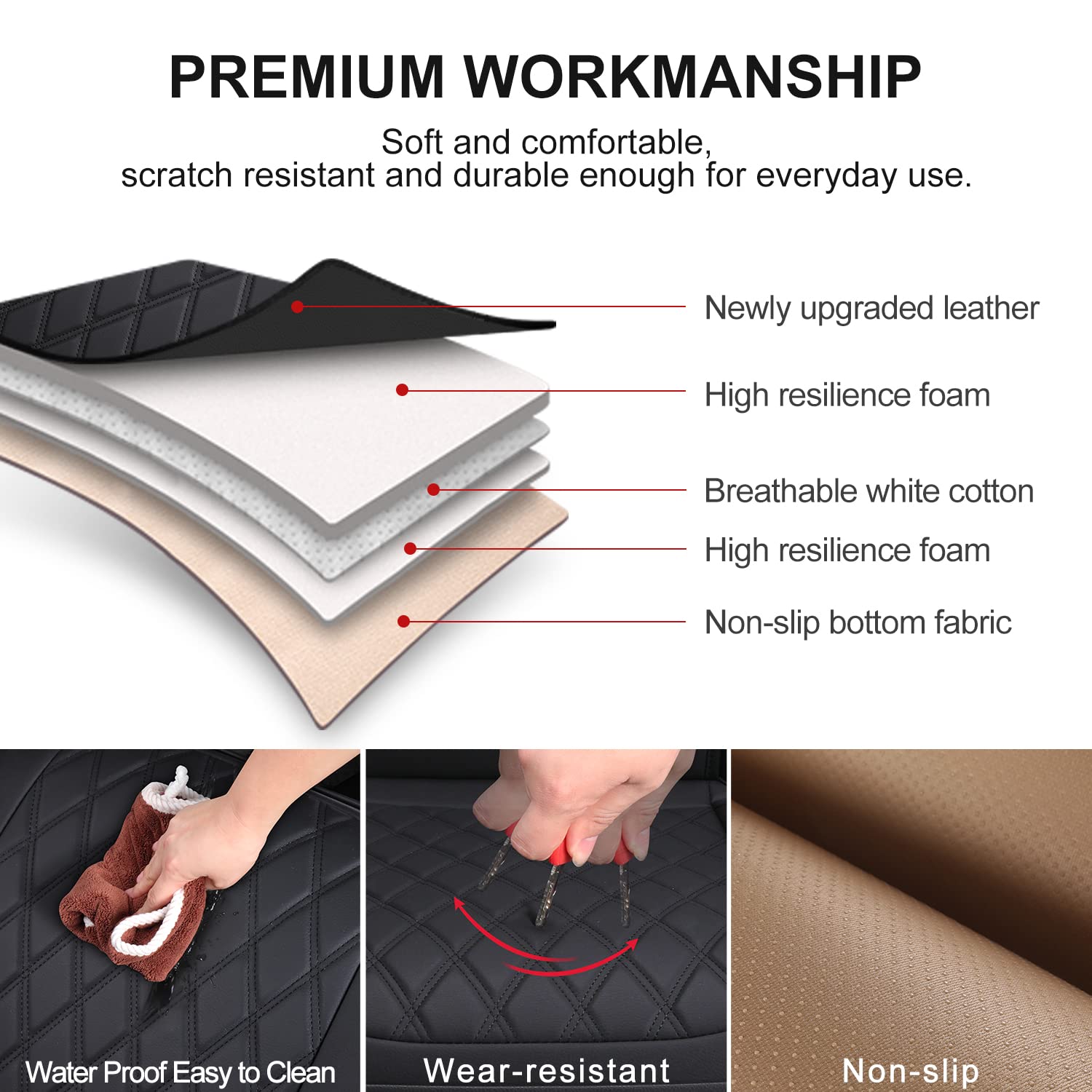 BEITK 2 Pack Leather Front Car Seat Cover, Anti-Slip and Full Wrap Driver Car Seat Protectors with Storage Pocket, Luxury Waterproof Bottom Auto Seat Cushion Pad Mat for Most Vehicles(Black)