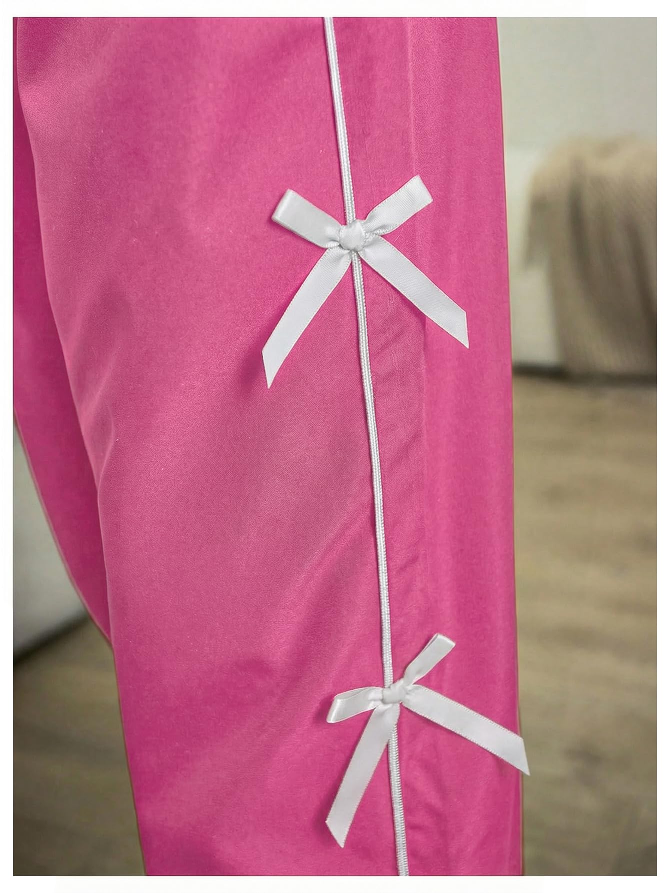 WDIRARA Girl's Bow Side Waist Track Pants Cute Wide Leg Trousers Hot Pink White 10Y