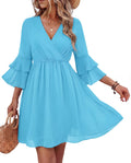 Bebonnie Plus Size Cocktail Dresses for Women: Curvy Womens 3/4 Ruffle Sleeve Spring Summer Casual Wrap V Neck Formal Baby Shower Wedding Guest Tea Party Flowy Chiffon Maxi Short Dresses Sky Blue XXL