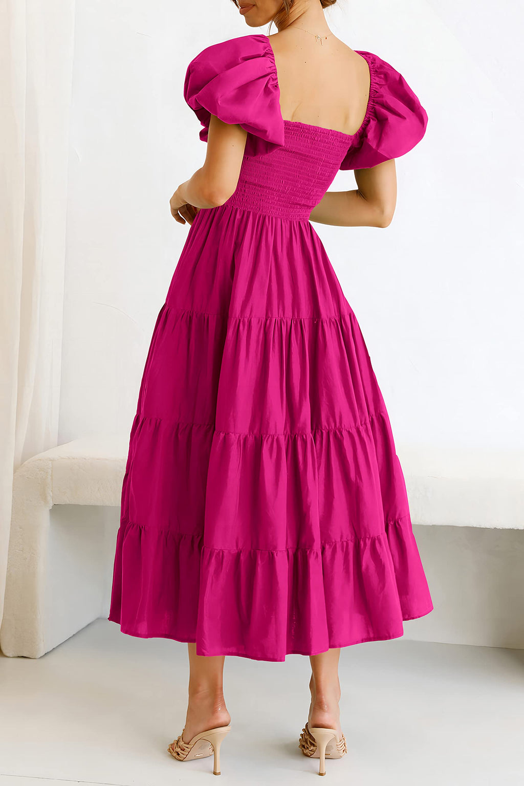 PRETTYGARDEN Women's Casual Summer Midi Dress Puffy Short Sleeve Square Neck Smocked Tiered Ruffle Dresses, Lightweight (Dark Rose Red,Small)