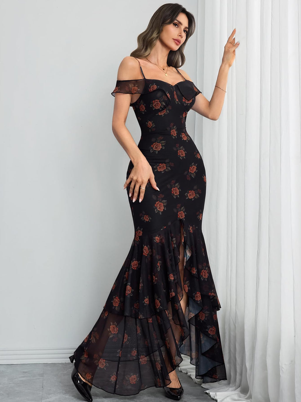 GothDark Ruffle Dress Flattering Dress for Wedding Guest Black Semi Formal Dresses Sexy Date Night Outfits for Women Black Large Fits US Size 8 to 10