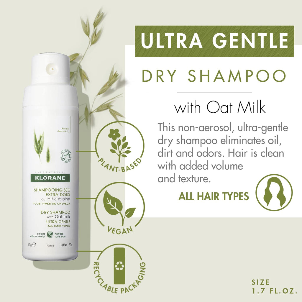 Klorane Dry Shampoo with Oat Milk - Eco-Friendly Non-Aerosol Formula - Vegan & Dermatologist Tested - Ultra-Gentle Powder Formula with Plant-Based Ingredients - Fully Recyclable Bottle - 1.7 oz.