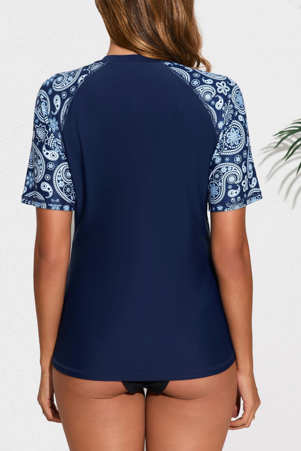 Halcurt Women's Half Zip Short Sleeve Rash Guard Top with Bra Side Pockets Swim Shirts UPF50+ Swimsuit Navy Paisley M