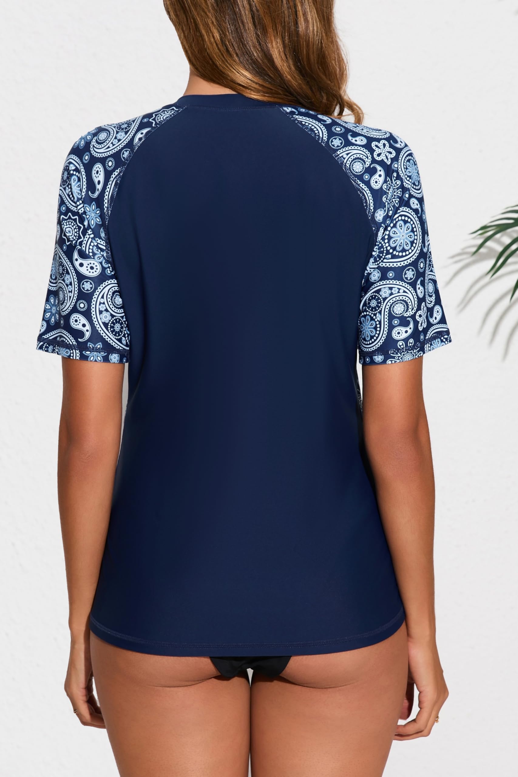 Halcurt Women's Half Zip Short Sleeve Rash Guard Top with Bra Side Pockets Swim Shirts UPF50+ Swimsuit Navy Paisley M