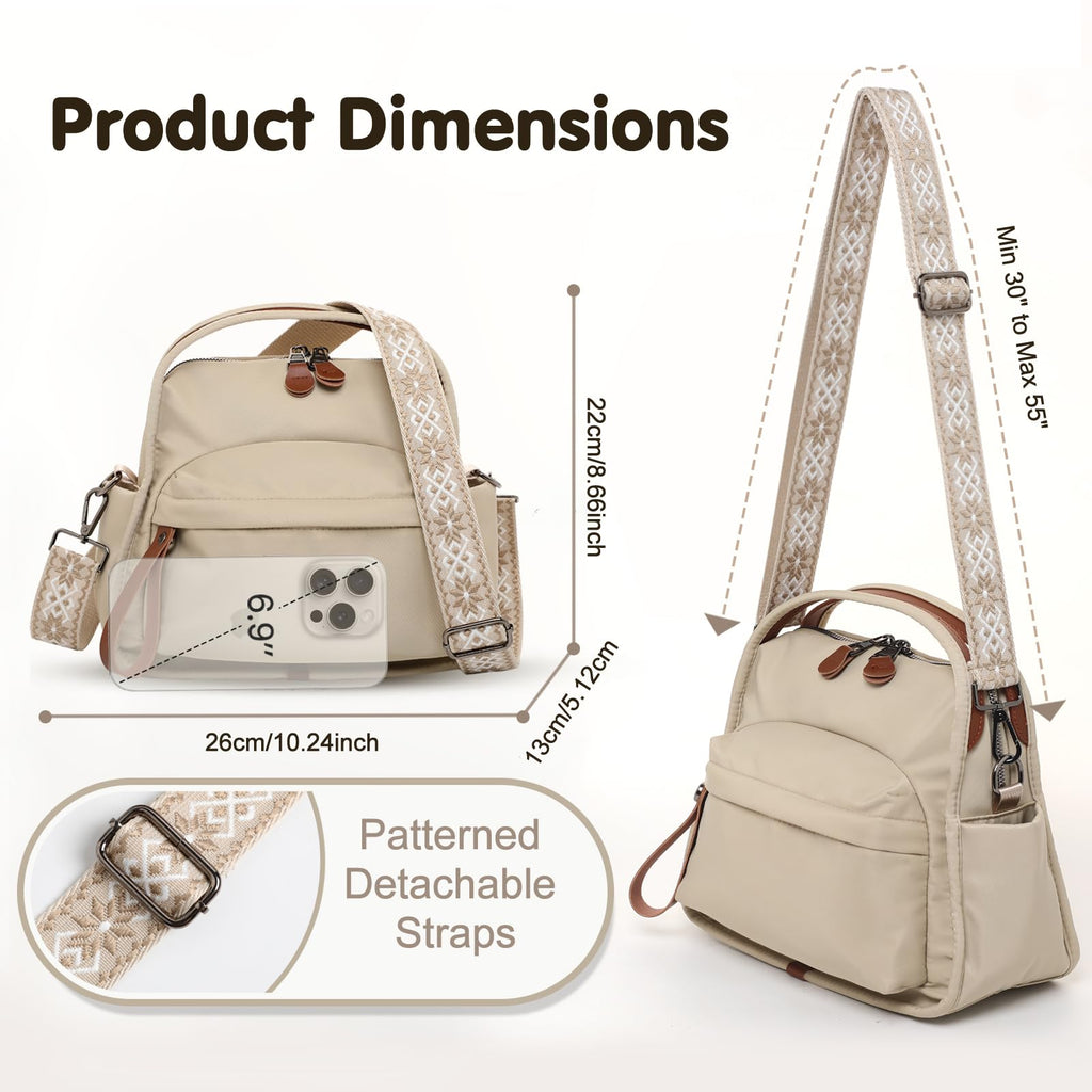 Nylon Crossbody Bags for Women, Water-Resistant Lightweight Shoulder bag with Large Capacity & Organized Design, Top Handle Bag with 2 Interchangeable Adjustable Shoulder Straps(Khaki)