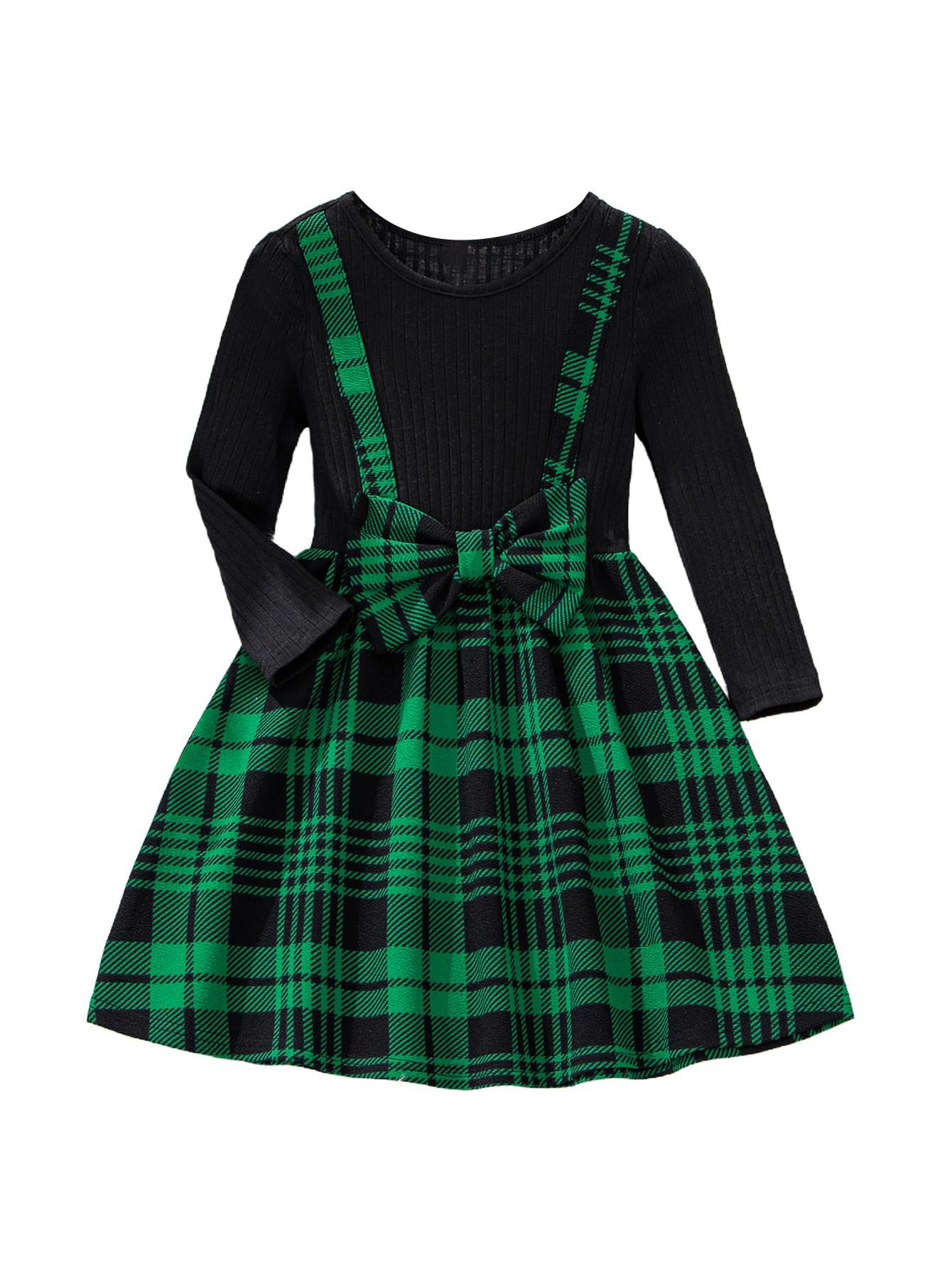 WDIRARA Girl's Plaid Bow Front Ribbed Knit Round Neck Long Sleeve A Line Dress Green 15Y