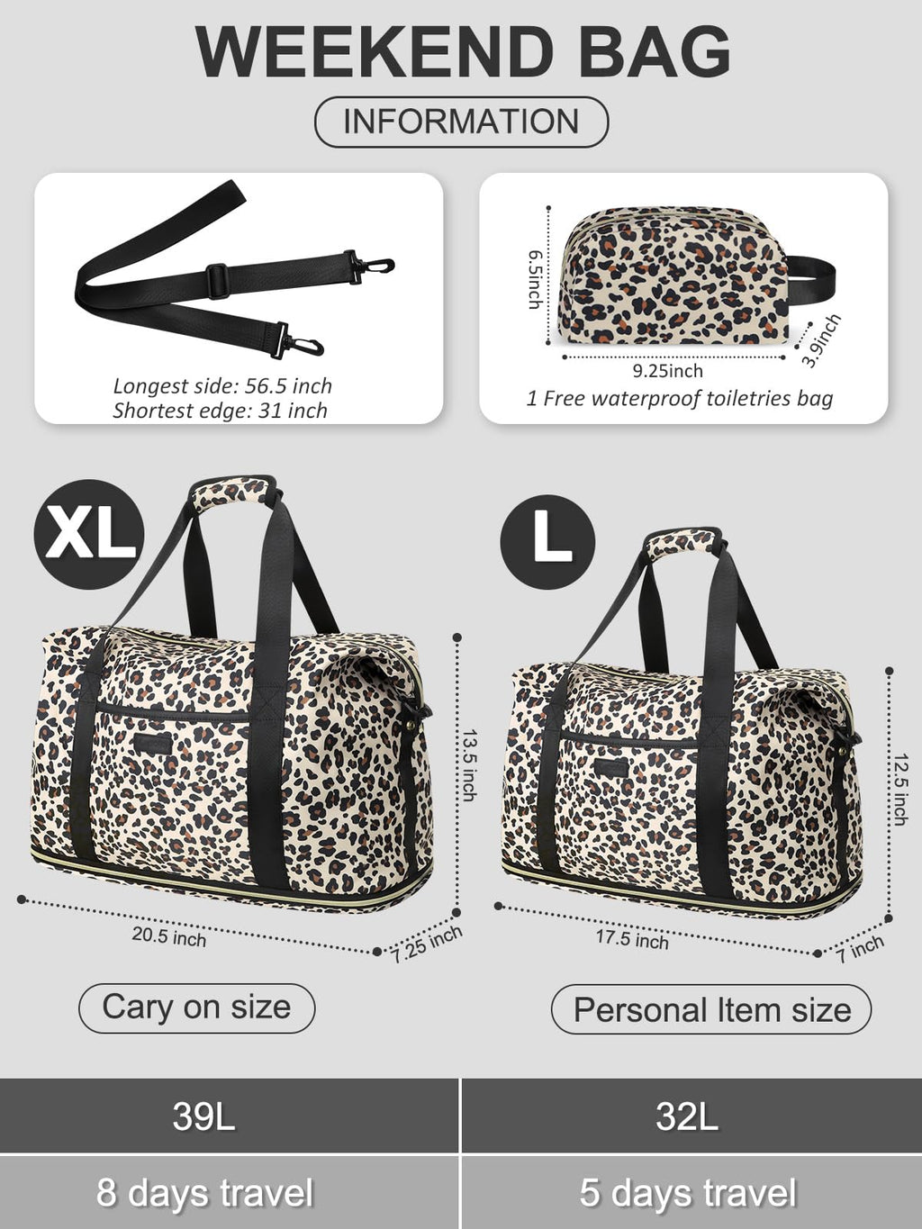Expandable Travel Duffle Bag, Waterproof Weekender Overnight Bags for Women Men Hospital Bag for Women Labor Delivery Carry on Bag with Toiletry Bag for Travel Gym Airplanes(Leopard, X-Large)