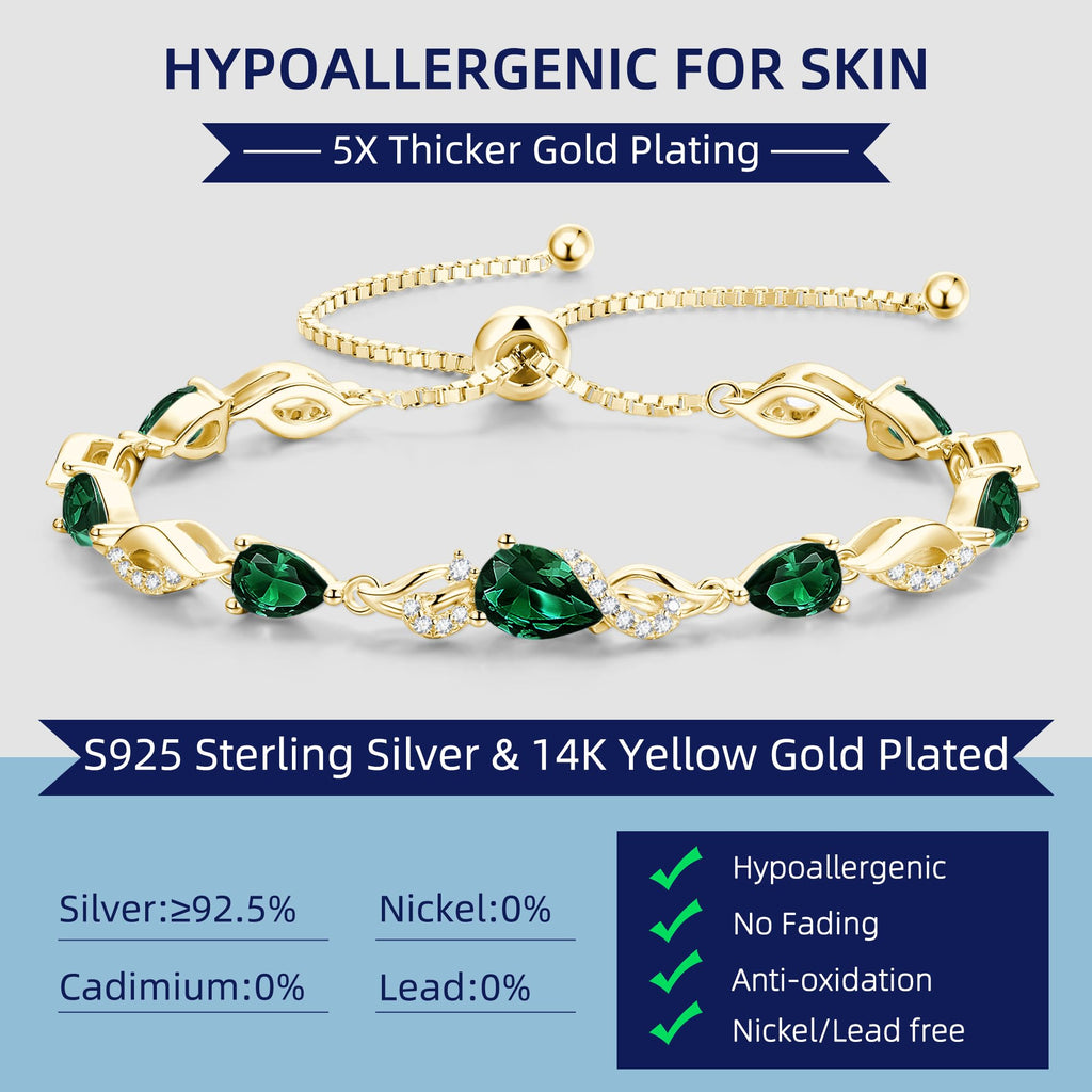 FANCIME May Birthstone Teardrop Emerald Tennis Bracelet for Women, 14K Gold Plated Sterling Silver Adjustable Slider Bracelet Fine Jewelry Anniversary Birthday Gifts for Women Mom Wife Her