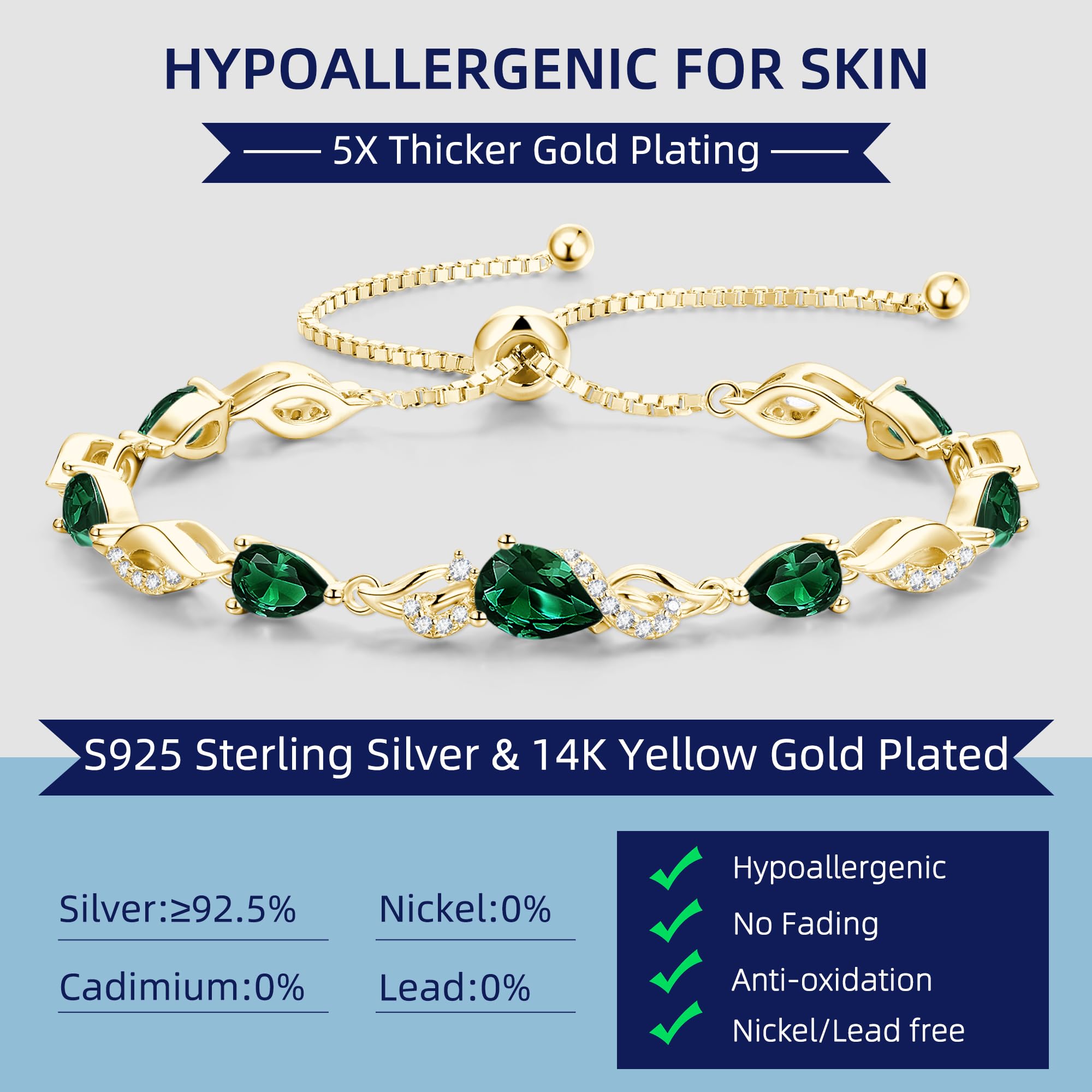 FANCIME May Birthstone Teardrop Emerald Tennis Bracelet for Women, 14K Gold Plated Sterling Silver Adjustable Slider Bracelet Fine Jewelry Anniversary Birthday Gifts for Women Mom Wife Her