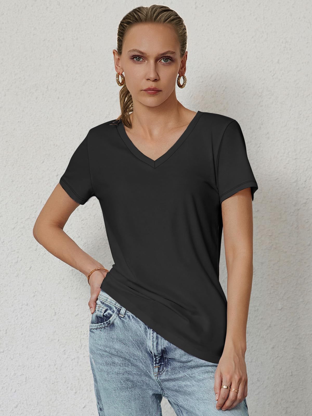 ATHMILE Womens Tops Shirts for Women Short Sleeve V Neck Tee Summer Fashion Trendy Soft Casual Spring Clothes Outfits Beach Black