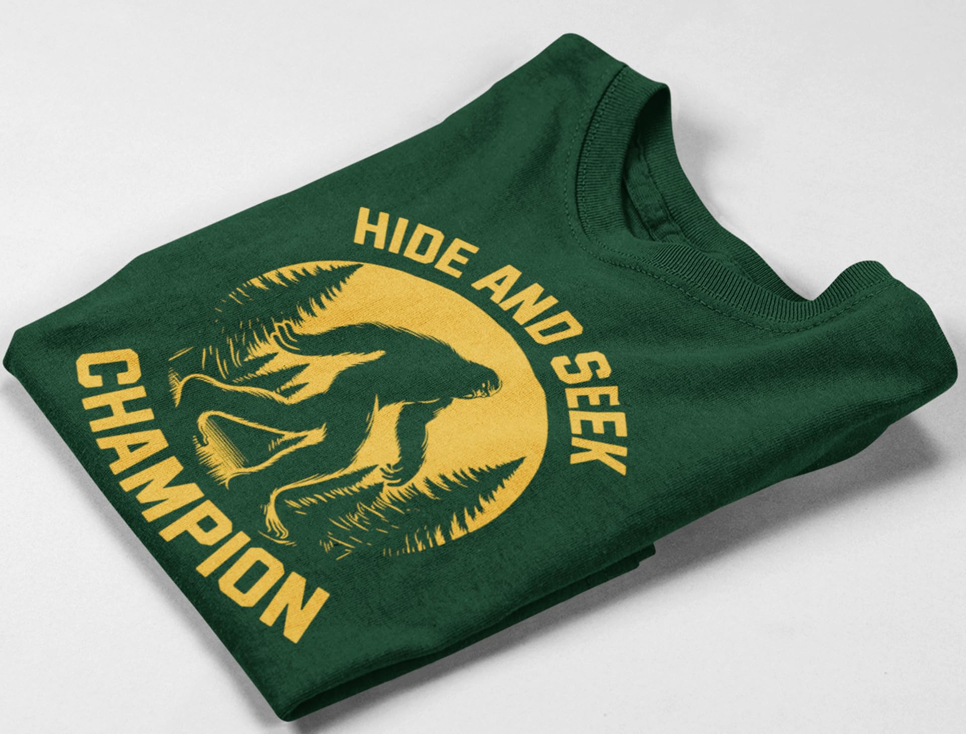 TeeUnion Hide and Seek Champion T-Shirt – Funny Bigfoot Graphic Sarcastic Tee for Men Forest Green