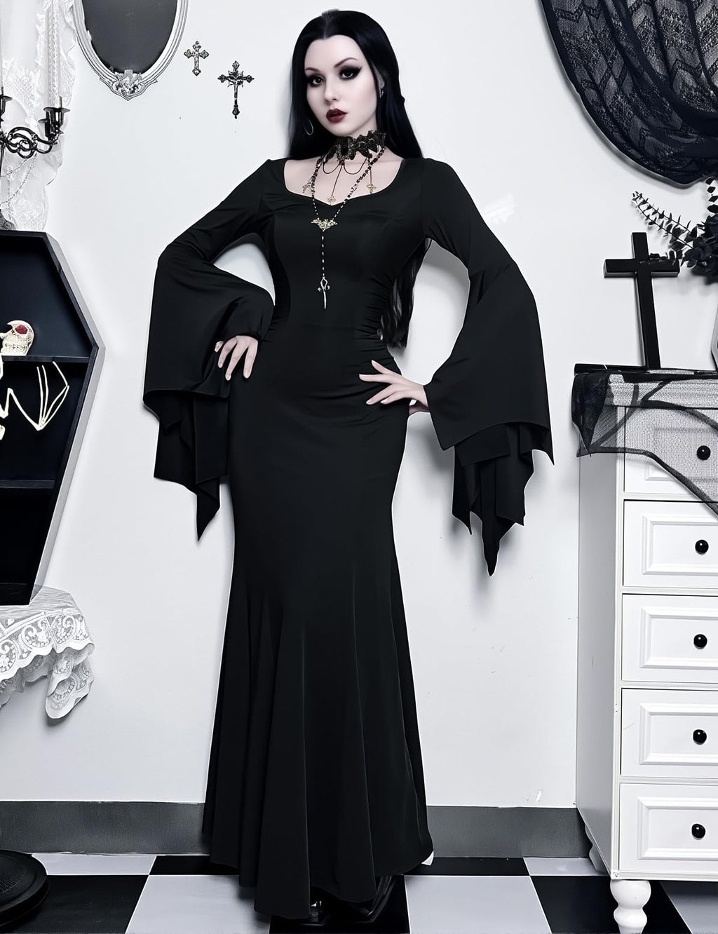 LANSHULAN Gothic Bat Sleeve Fishtail Slim Fit Goth Dress Clothes