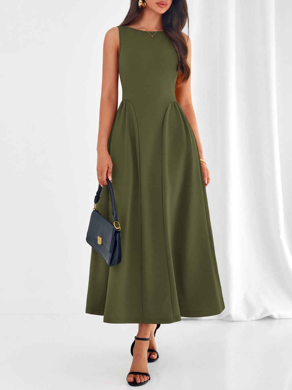 PRETTYGARDEN Summer Sleeveless Maxi Dresses for Women 2026 Elegant Classy A Line Tank Formal Midi Long Wedding Guest Dress(Army Green,Medium)