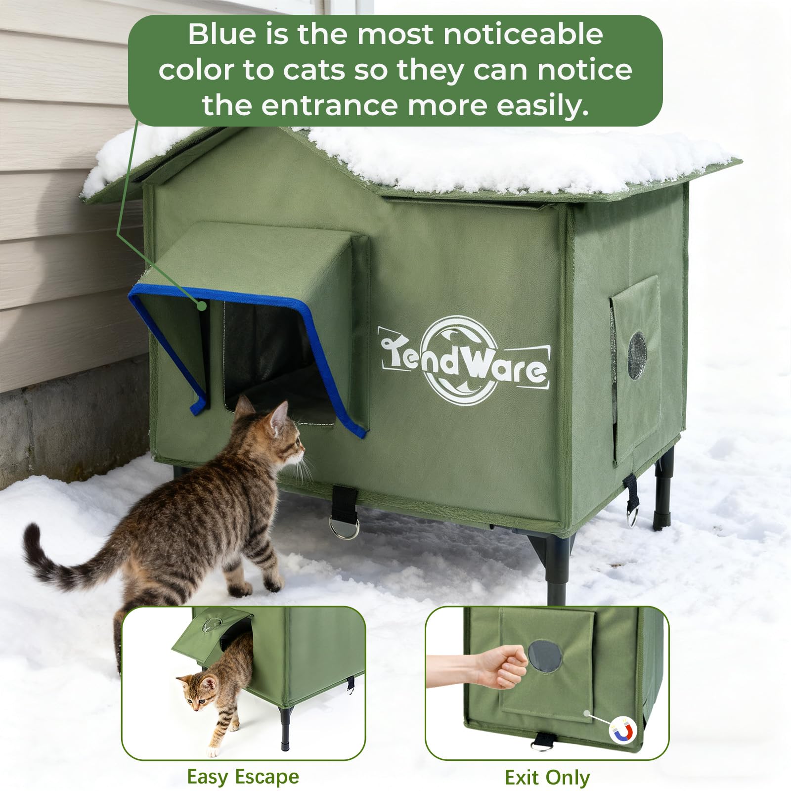 TENDWARE Outdoor Cat House Heated Cat House for Outside with Elevated Base Cat-Attracting Eave Design Feral Stray Shelter Weatherproof in Winter Garage Yard Porch