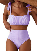 Herseas Women's Striped Adjustable Tie Shoulder Bikini Set Full Coverage Swimsuits High Waisted Two Piece Bathing Suits Flattering Stretchy Cruise Essentials Medium