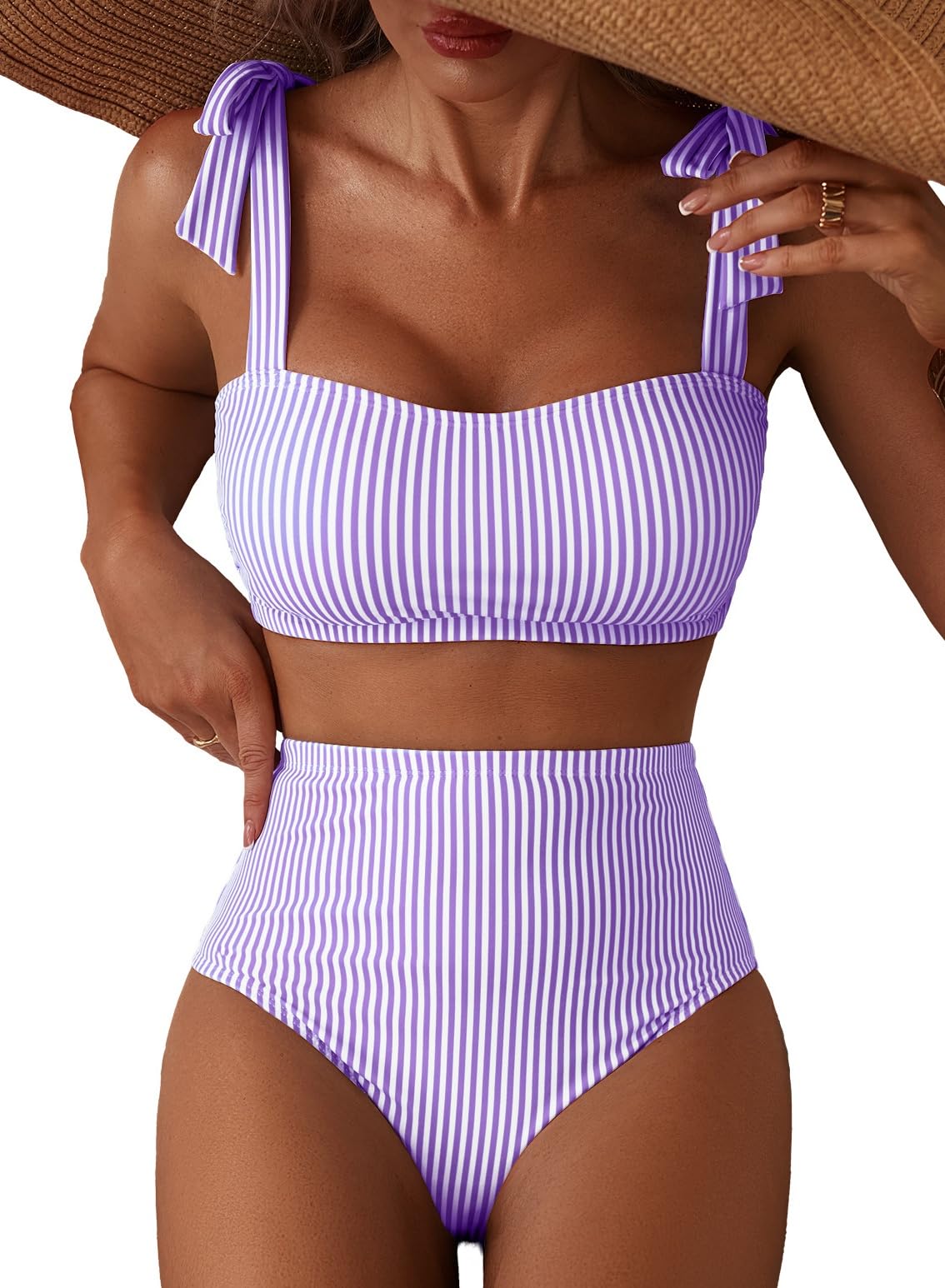 Herseas Women's Striped Adjustable Tie Shoulder Bikini Set Full Coverage Swimsuits High Waisted Two Piece Bathing Suits Flattering Stretchy Cruise Essentials Medium