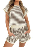 Tankaneo Womens Summer 2 Piece Sets Striped Short Sleeve T Shirts and Shorts Loungewear Matching Set Coffee