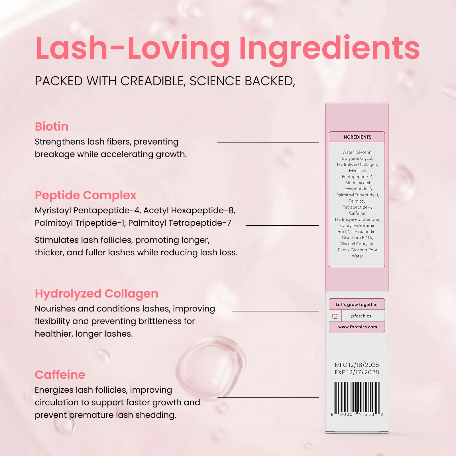 ForChics Eyelash Growth Serum - Prostaglandin-Free Lash Enhancing Serum for Longer, Thicker Lashes and Brows- Natural Formula, Visible Results in 2 Weeks - Vegan, Hormone-Free 0.10 fl. oz / 3ml