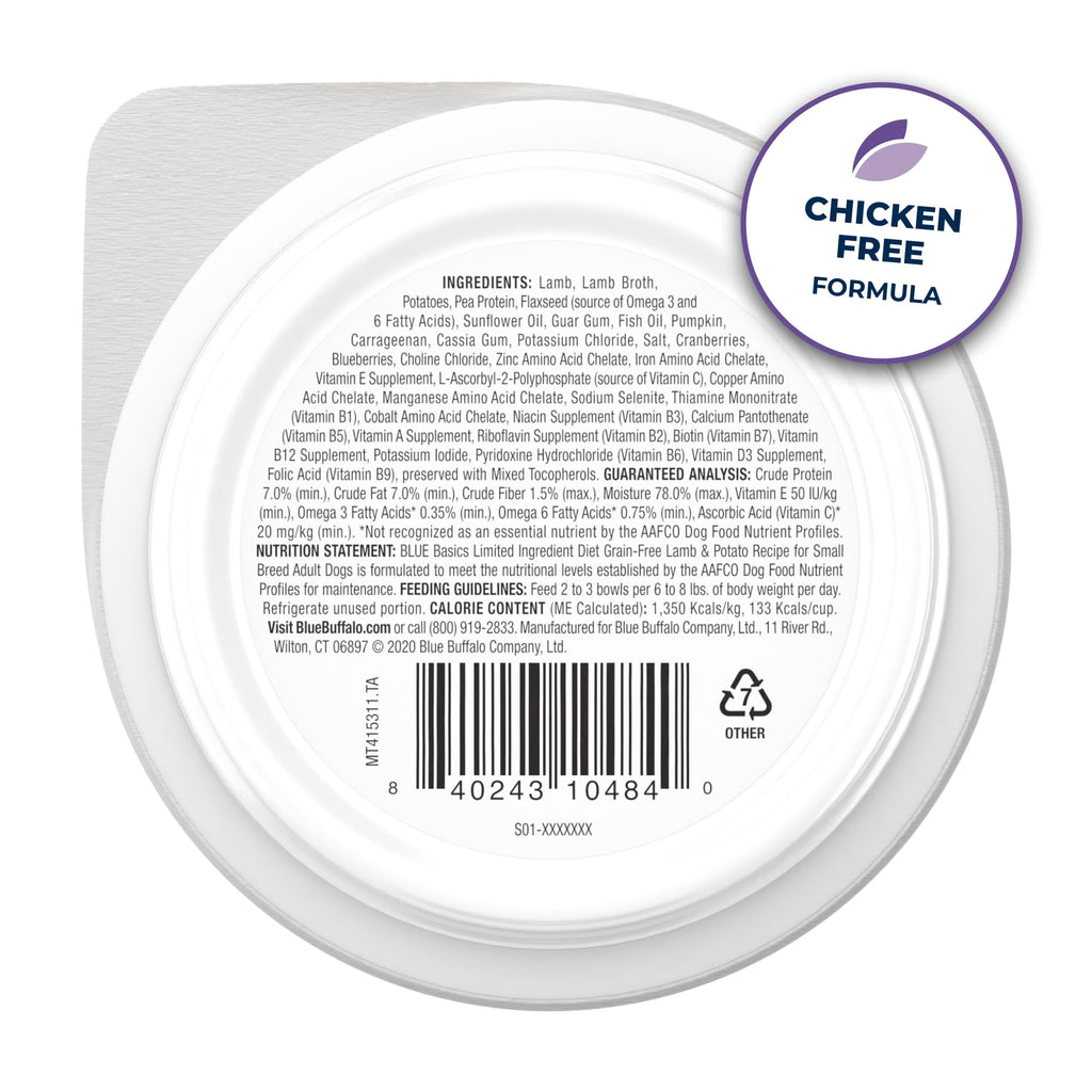 Blue Buffalo Basics Adult Small Breed Grain-Free Wet Dog Food for Skin & Stomach Care, Limited Ingredient Diet, Lamb Recipe, 3.5-oz. Cups (12 Count)