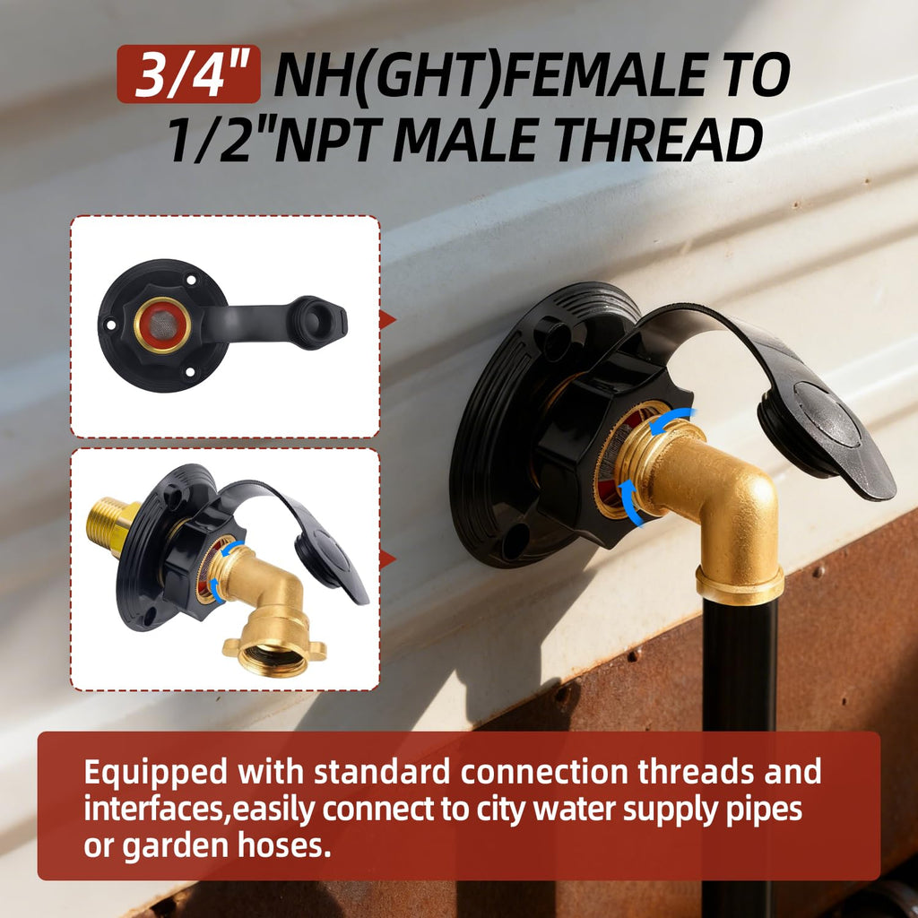 Mejiao RV City Water Inlet, 3/4" NH to 1/2" NPT Brass Water Fill Flange with Check Valve, RV Marine City Water Hookup for Camper and Trailer