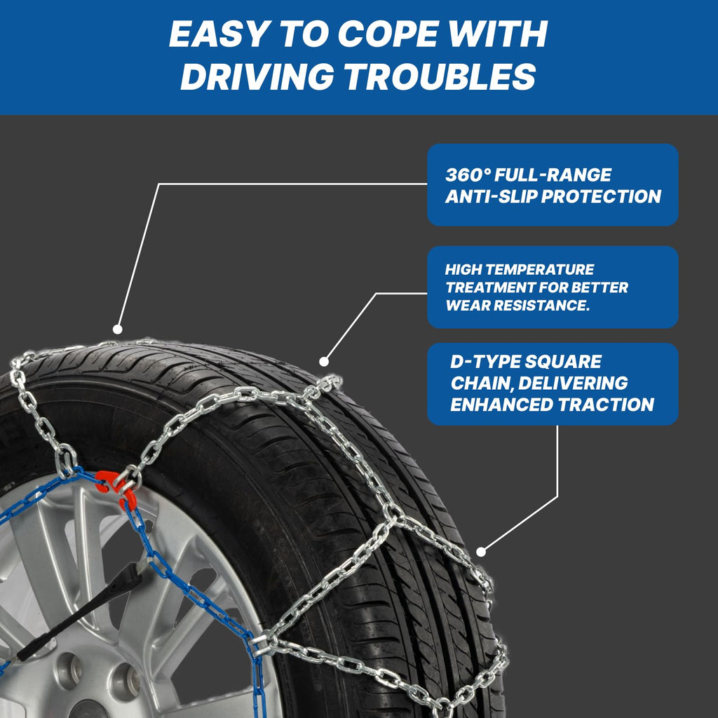 Snow Chains for Car Tires, Tire Chains for Passenger Cars, Sedan, SUVs, Quick Fit & Easy Installation Snow Tire Chains, Portable Reusable Emergency Tire Traction Chain, Set of 2 (HP1555)