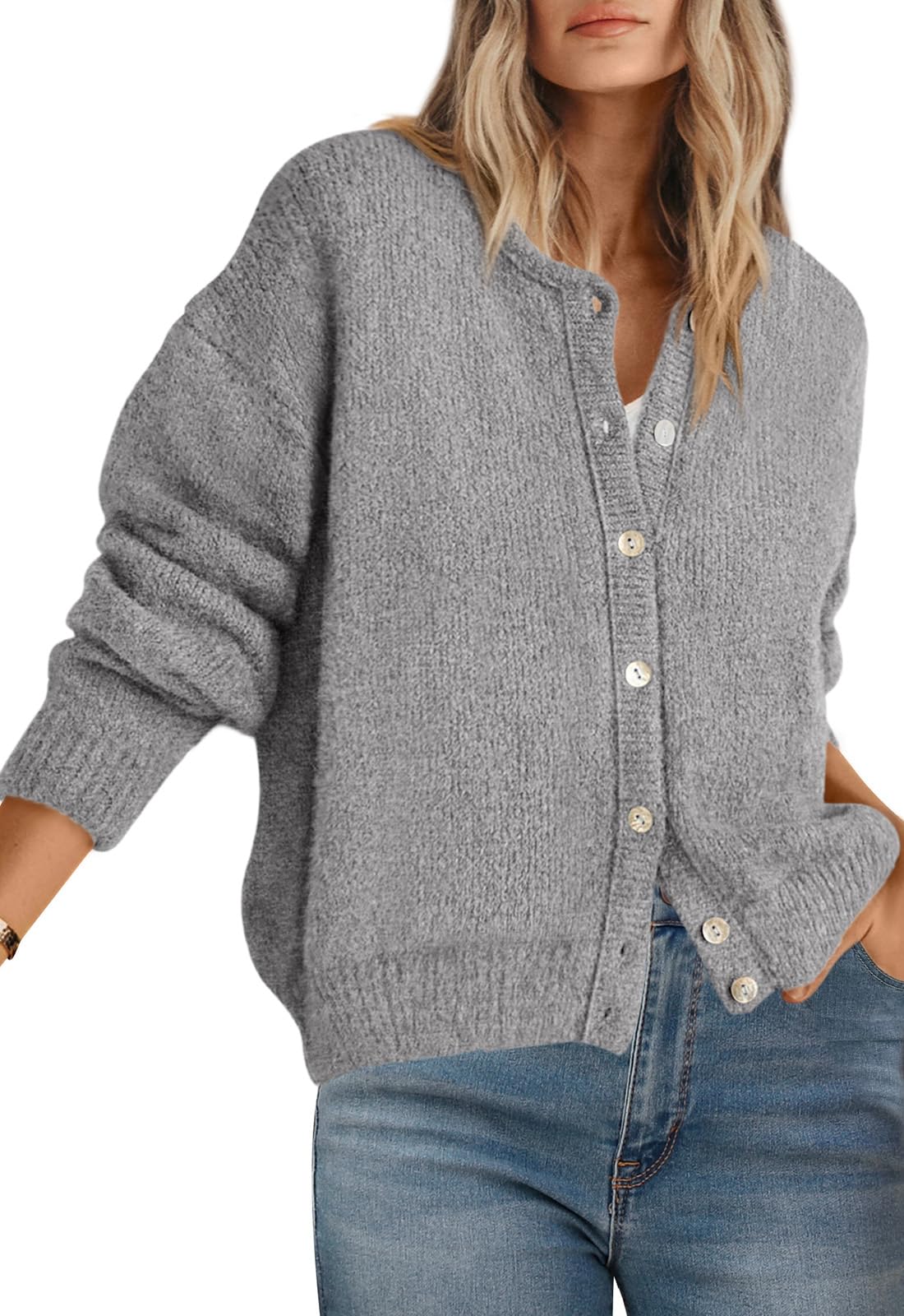 PRETTYGARDEN Long Sleeve Crewneck Button Down Womens Sweaters Fall Open Front Chunky Cardigan Sweaters for Women 2026 (Grey, Medium)