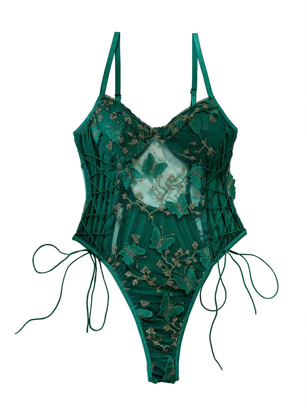 Lilosy Women Sexy Lace Up Floral Embroidered Teddy Babydoll Lingerie Bodysuit Top Mesh Sheer One Piece See Through Butterfly Army Green Medium