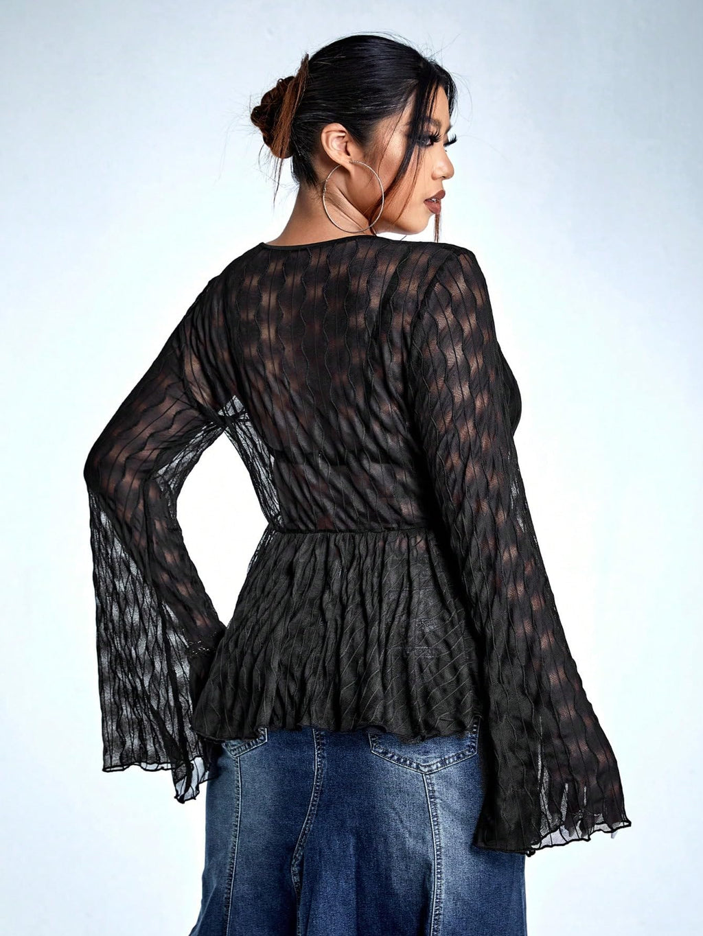 WDIRARA Women's Plus Size Sexy Sheer Mesh Tops Deep V Neck Bell Long Sleeve Tee Shirts Black X-Large Plus
