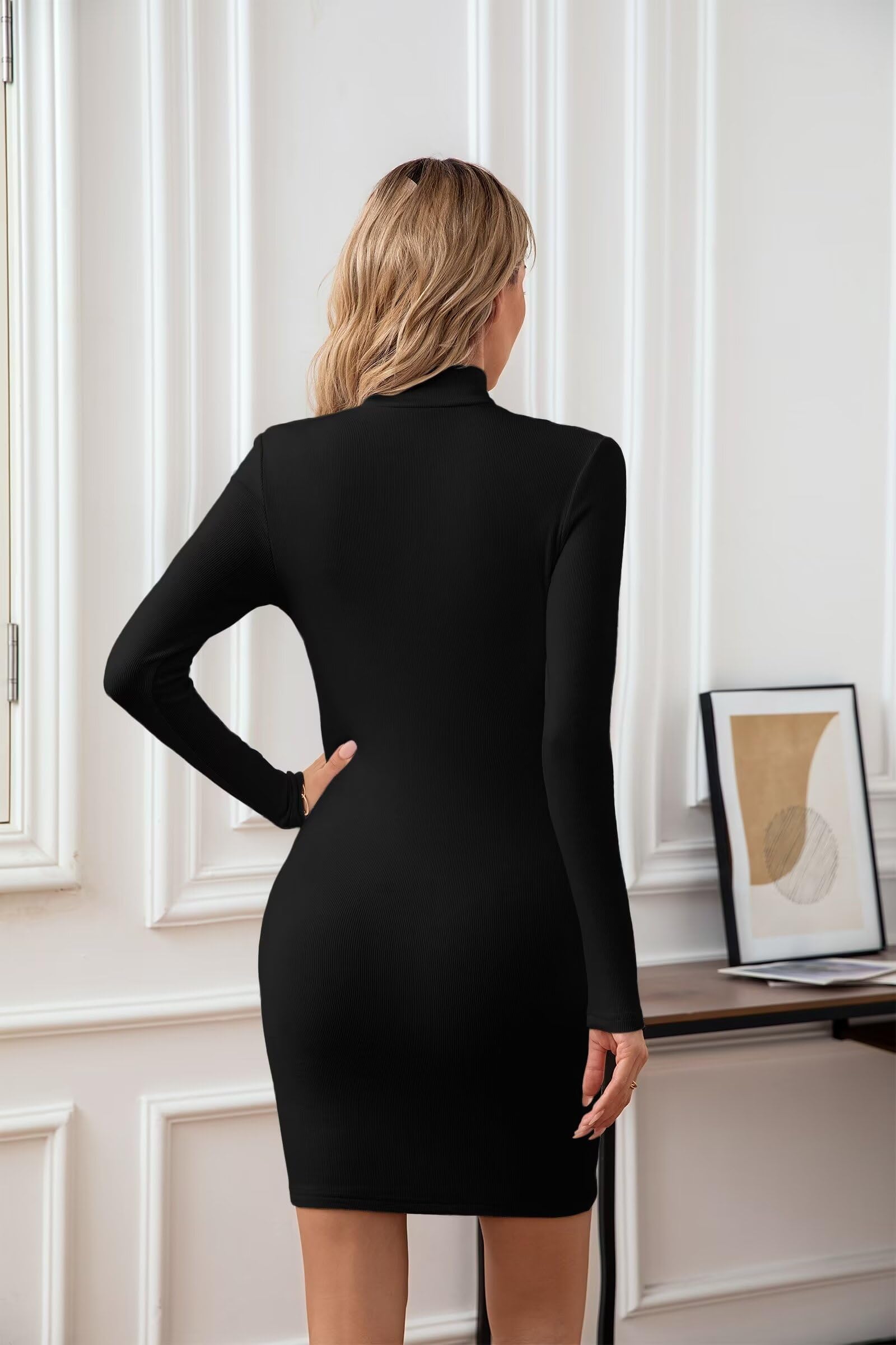 VICHYIE Women Dress Mock Neck Bodycon Ribbed Long Sleeve Fall Mini Black S