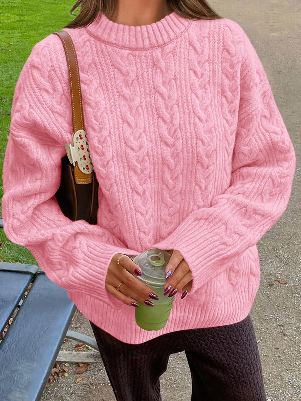 Saodimallsu Womens Cable Knit Sweater Oversized Long Sleeve Chunky Knit Crew Neck Fall Pullover Sweaters Top Pink