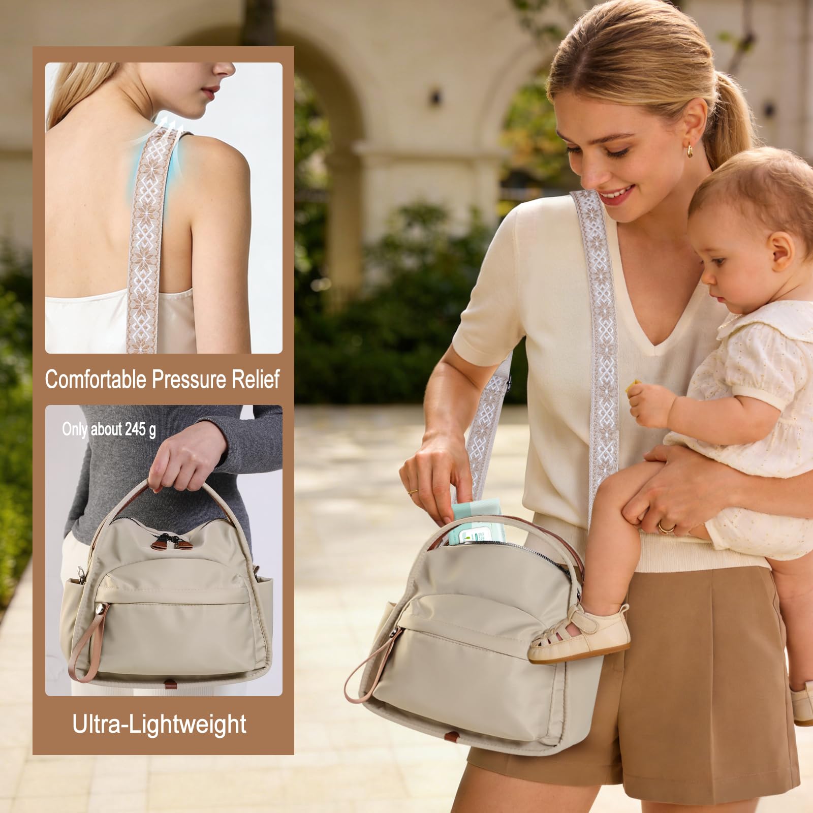 Nylon Crossbody Bags for Women, Water-Resistant Lightweight Shoulder bag with Large Capacity & Organized Design, Top Handle Bag with 2 Interchangeable Adjustable Shoulder Straps(Khaki)