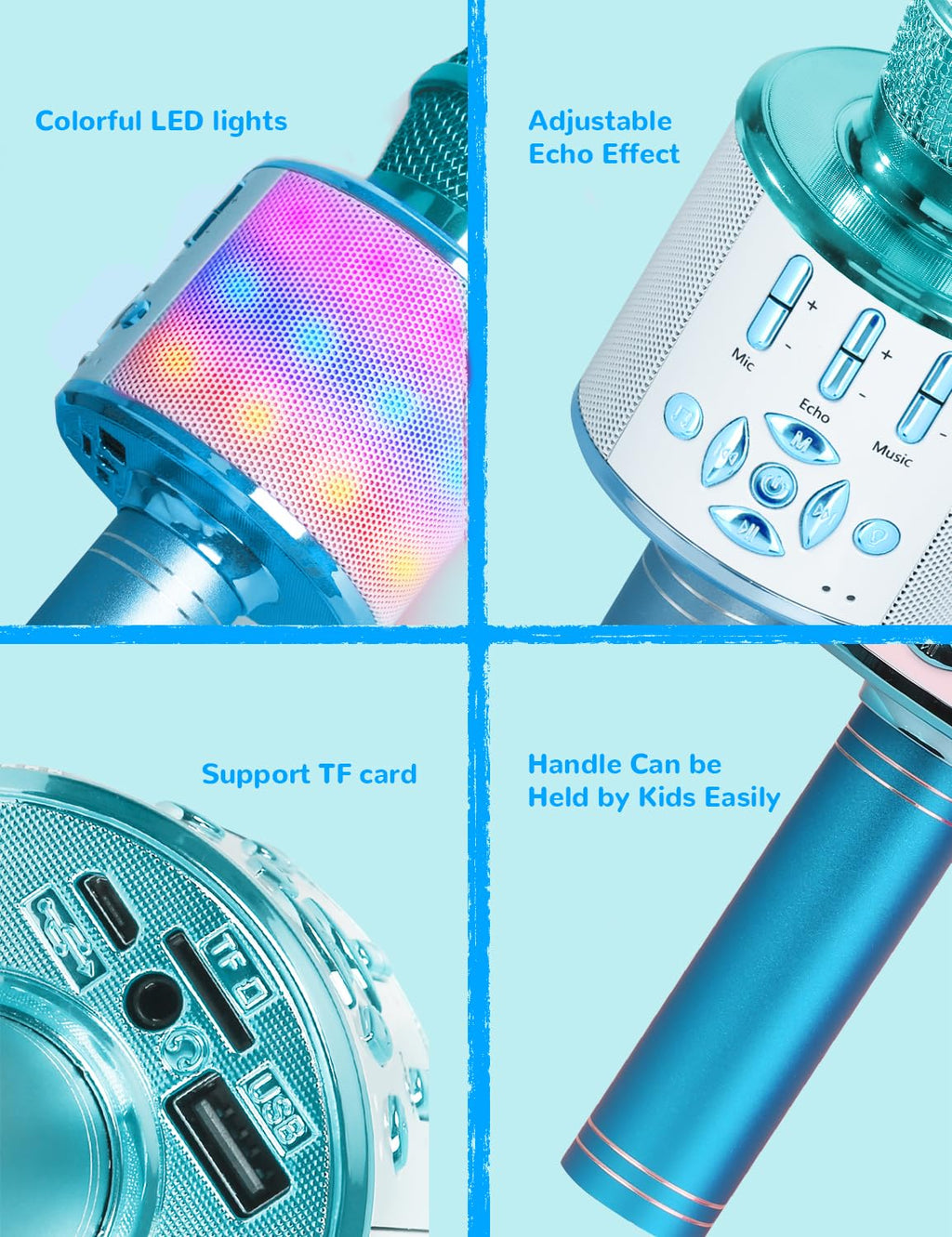 Amazmic Kids Karaoke Microphone Machine Toys for Girls Bluetooth Microphone with LED Light, Christmas Birthday Gift for Girls Boys 3 4 5 6 7 8 9 10 11 12 Year Old Kids Toys(Blue)