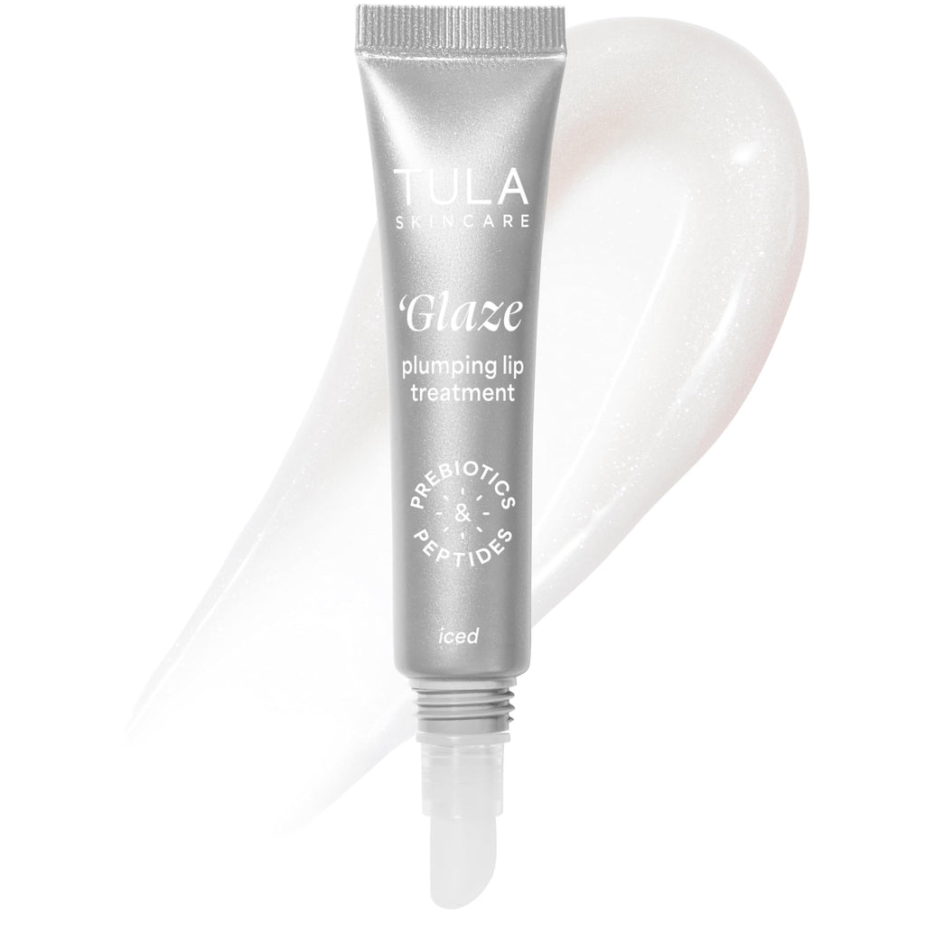 TULA Skin Care Glaze Plumping Lip Treatment, Shade Iced - Hydrating & Glossy Lip Balm with Hyaluronic Acid & Peptides, 0.28 oz.