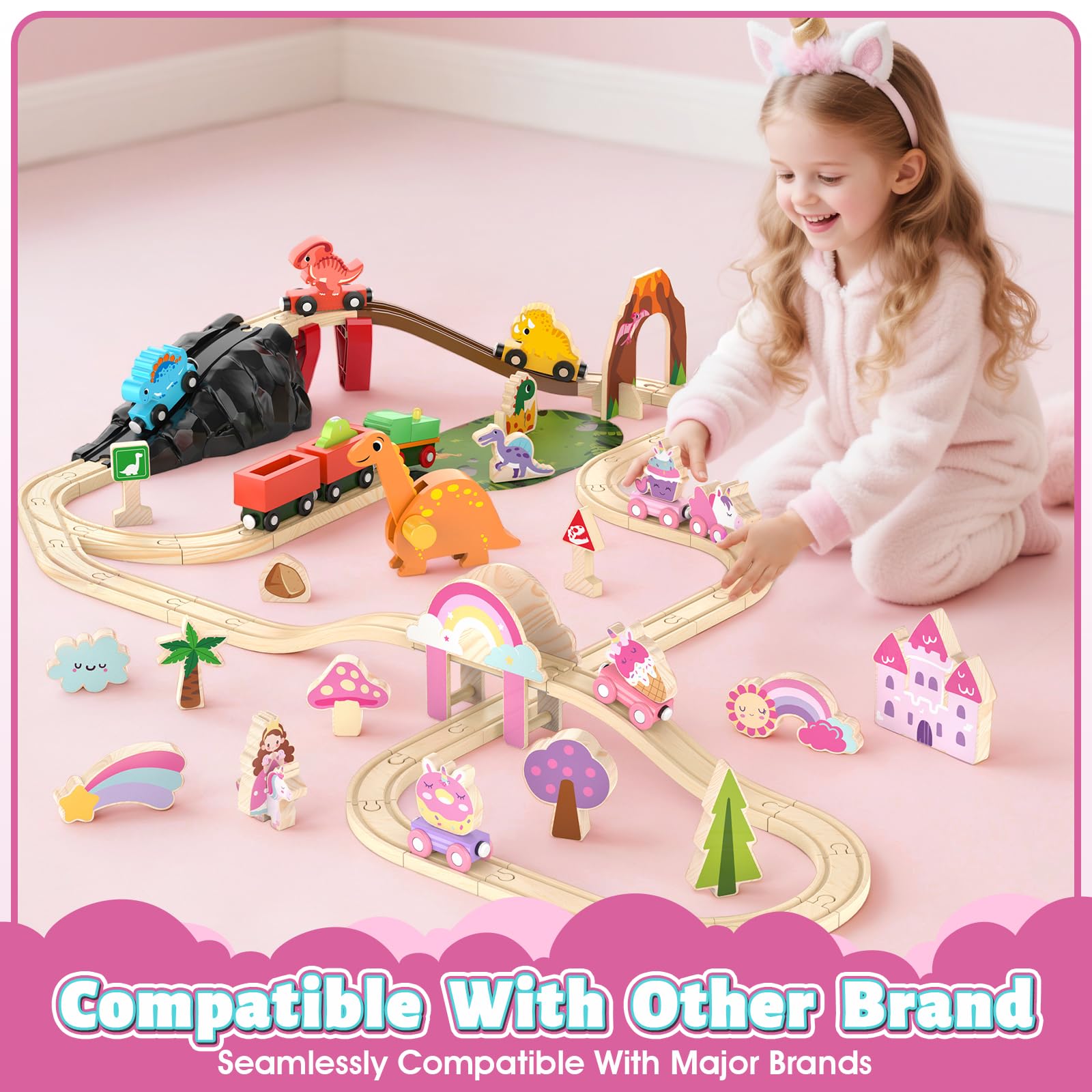 Lehoo Castle Wooden Train Set, Unicorn Train Set for Toddlers 2-4, Wooden Train Track Toddler Girl Toys Pink Train Fantasy Toys for 3 4 5 6 Year Old Girl