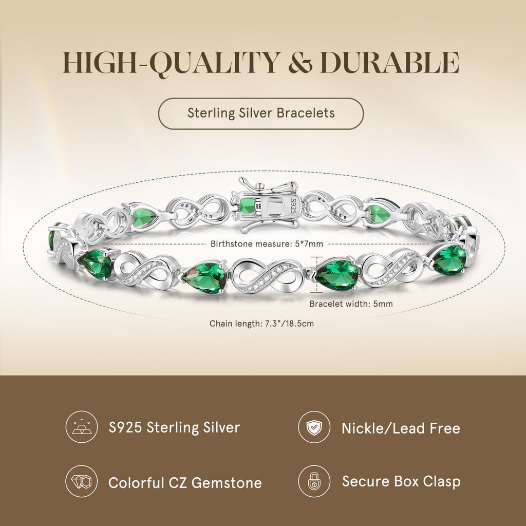 FANCIME Emerald Tennis Bracelets May Birthstone Sterling Silver Infinity Bracelet Green Pear Shape Gemstone Fine Jewelry Birthday Mothers Day Gifts for Women Mom