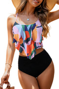 Womens High Waisted Bathing Suits Flounce Halter Tank Top Bikini Bottoms Tummy Control Modest Swimwear Two Piece Swimsuits Tankini Colorful Print L