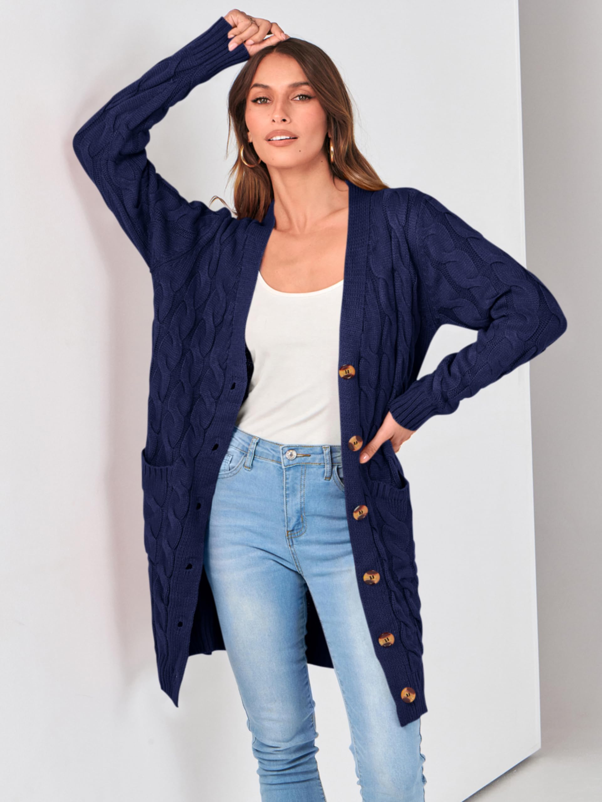 PRETTYGARDEN Long Sleeve Cable Knit Long Cardigan for Women 2026 Spring Winter Chunky Open Front Button Sweaters with Pockets(Dark Blue,Small)