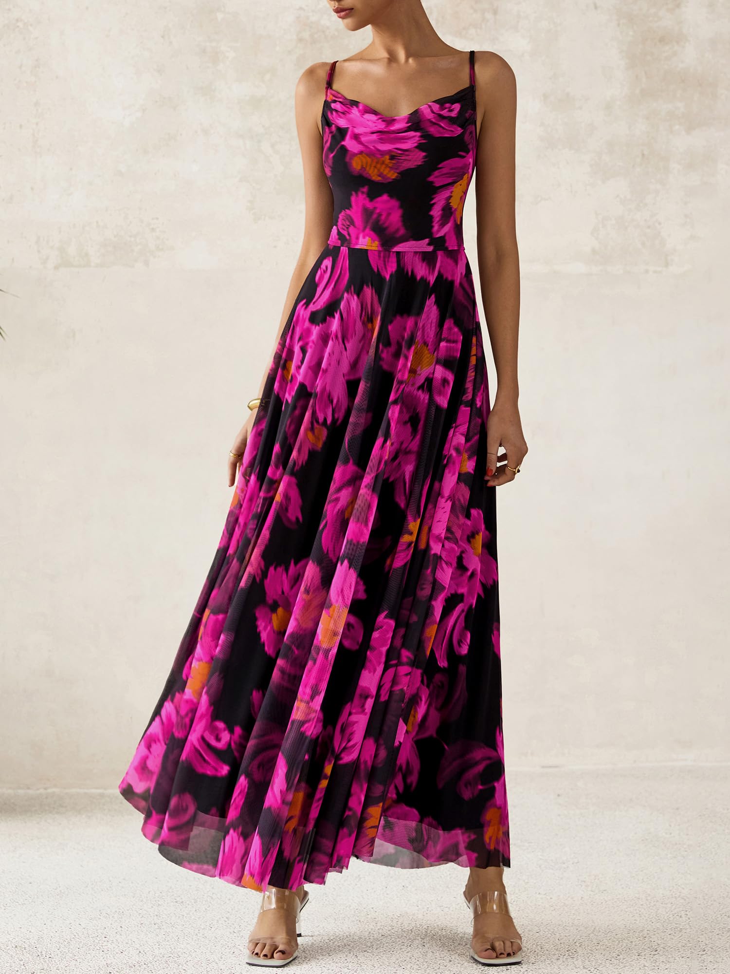 BTFBM Women Summer Floral Maxi Dresses Elegant Spaghetti Strap Dress Printed Party Dress Beach Long Dresses(Floral Black Rose Red,Large)