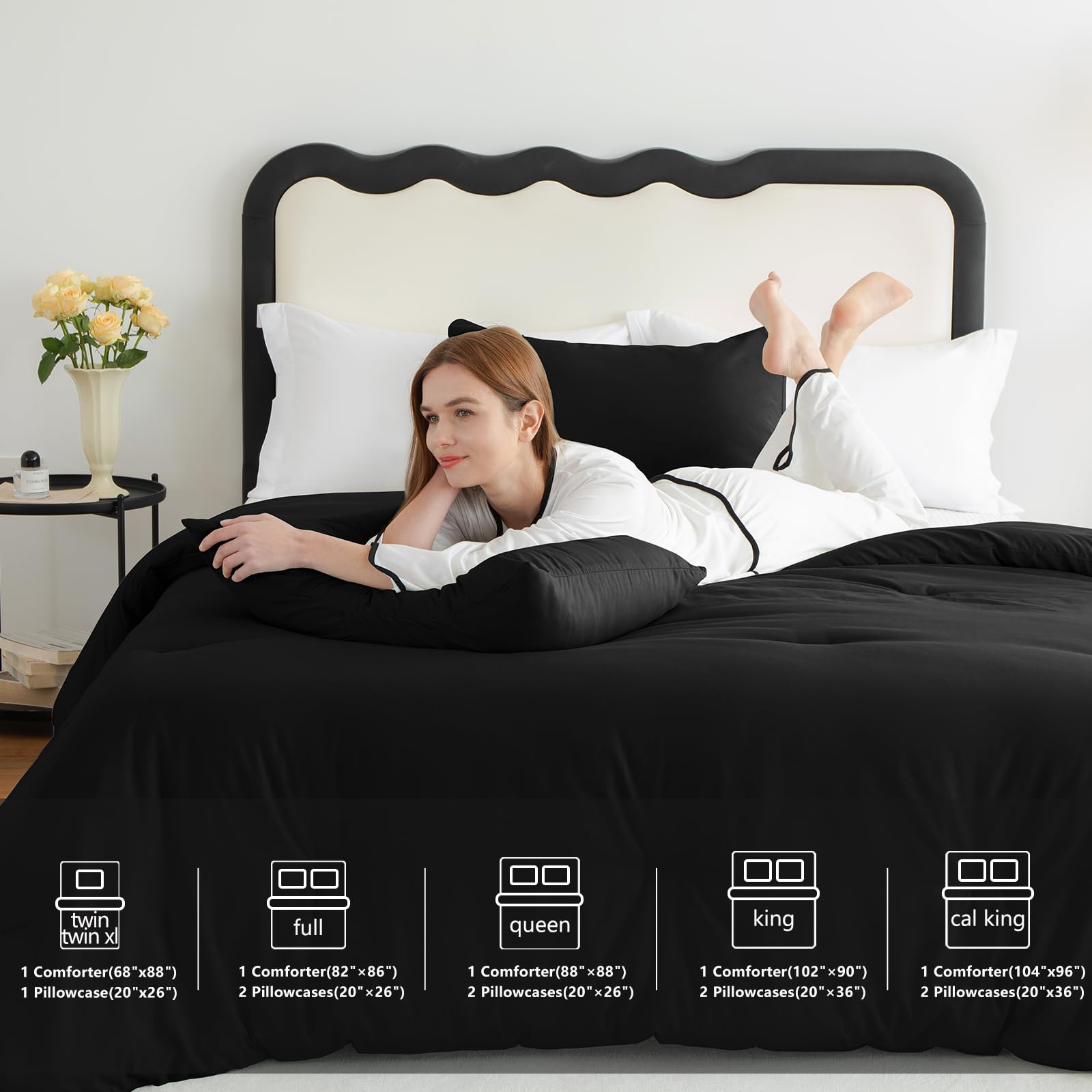 CozyLux Queen Comforter Set Black, 3 Pieces Solid Comforters Queen Size Breathable Quilted Bedding Sets, Luxury Soft Microfiber Down Alternative Comforter for All Season (1 Comforter & 2 Pillowcases)