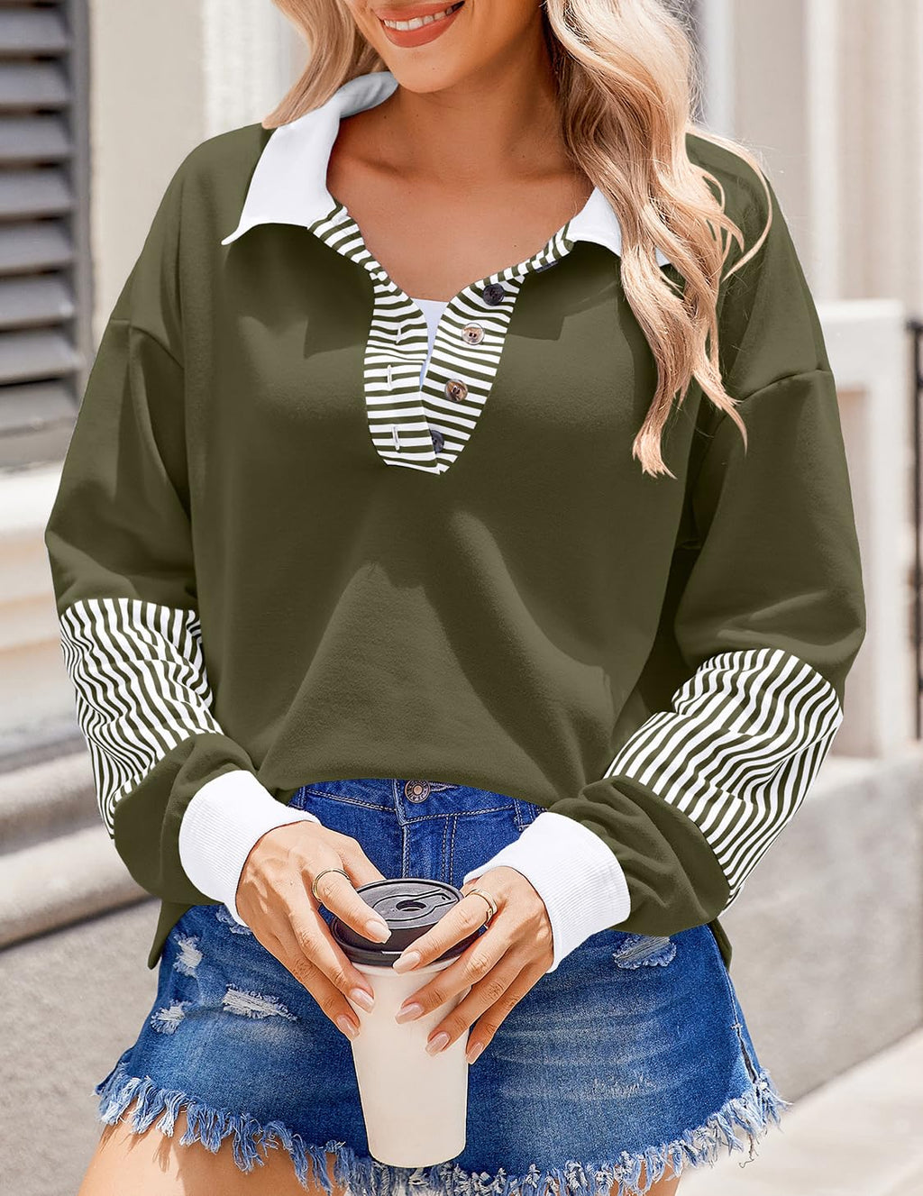 Zeagoo Fall Sweatshirts for Women Button Up Tops Henley V Neck Pullover Casual Comfy Shirts Outfits Clothes 2025 Army Green M
