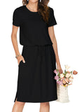 Women Summer Spring Short Sleeve Pocket Travel Tshirt Midi Knee Modest Work Casual Dress Teacher Funeral Outfits Black L