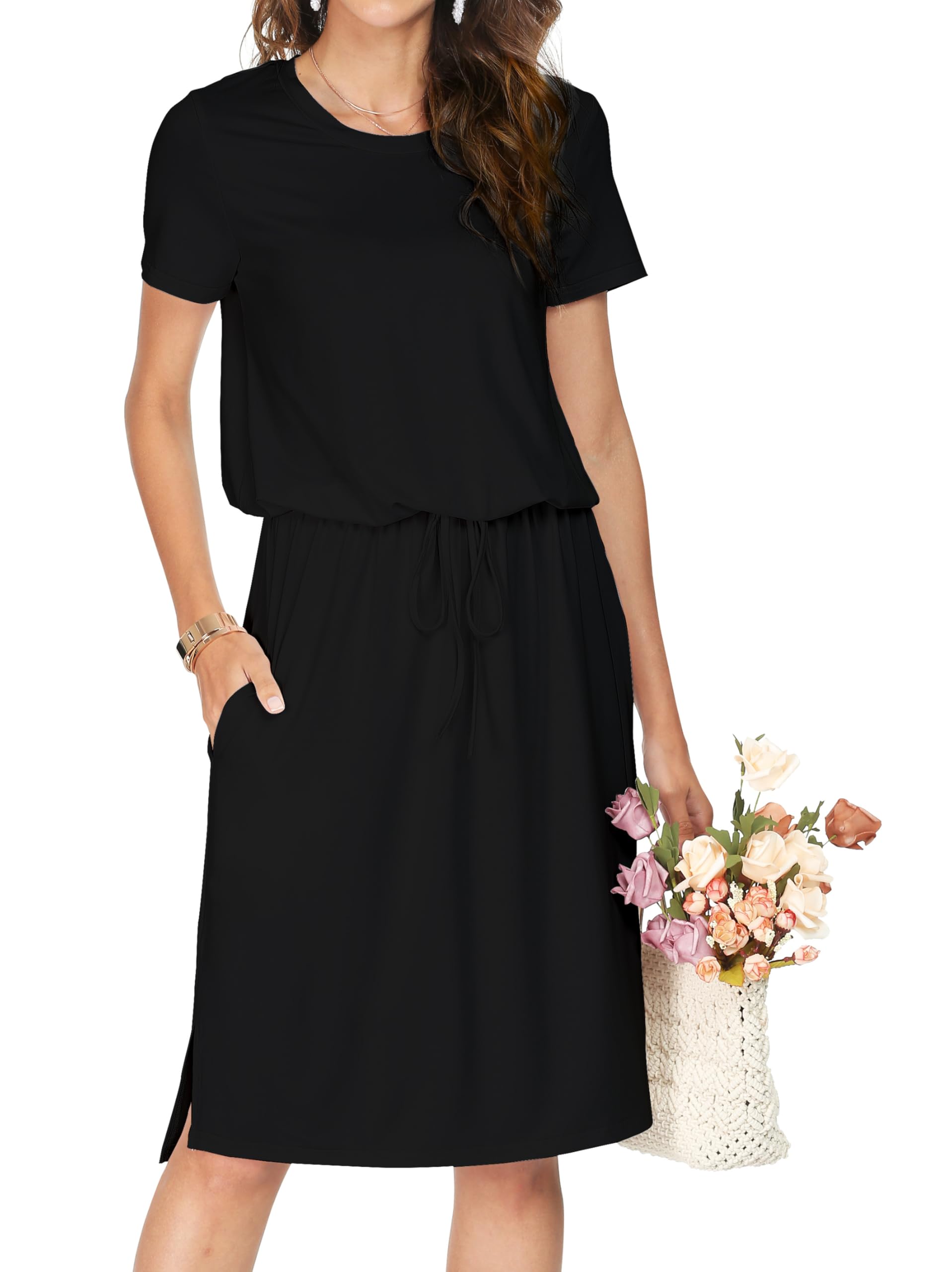 Women Summer Spring Short Sleeve Pocket Travel Tshirt Midi Knee Modest Work Casual Dress Teacher Funeral Outfits Black L
