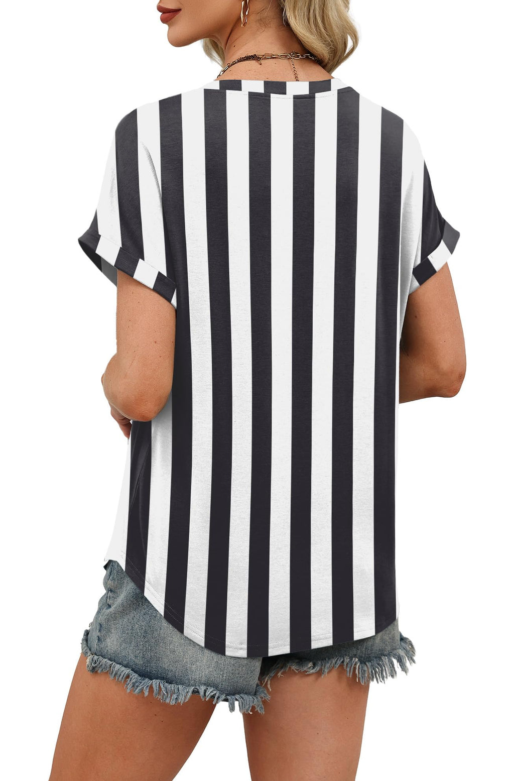 WIHOLL Womens Blouses Spring Tops Short Sleeve Shirts Dressy Casual Summer Vacation Fashion Clothing 2026 Black White Stripe S