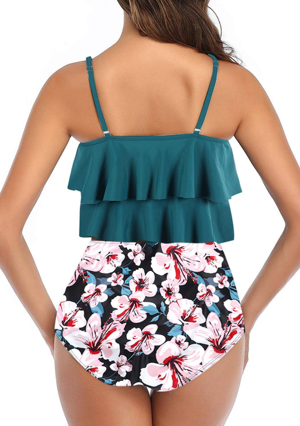 Adisputent Womens High Waisted Swimsuits Flounce Swimwear Racerback Tankini Tummy Control Bikini Bottoms Vintage Two Piece Modest Bathing Suits Turquoise Floral L