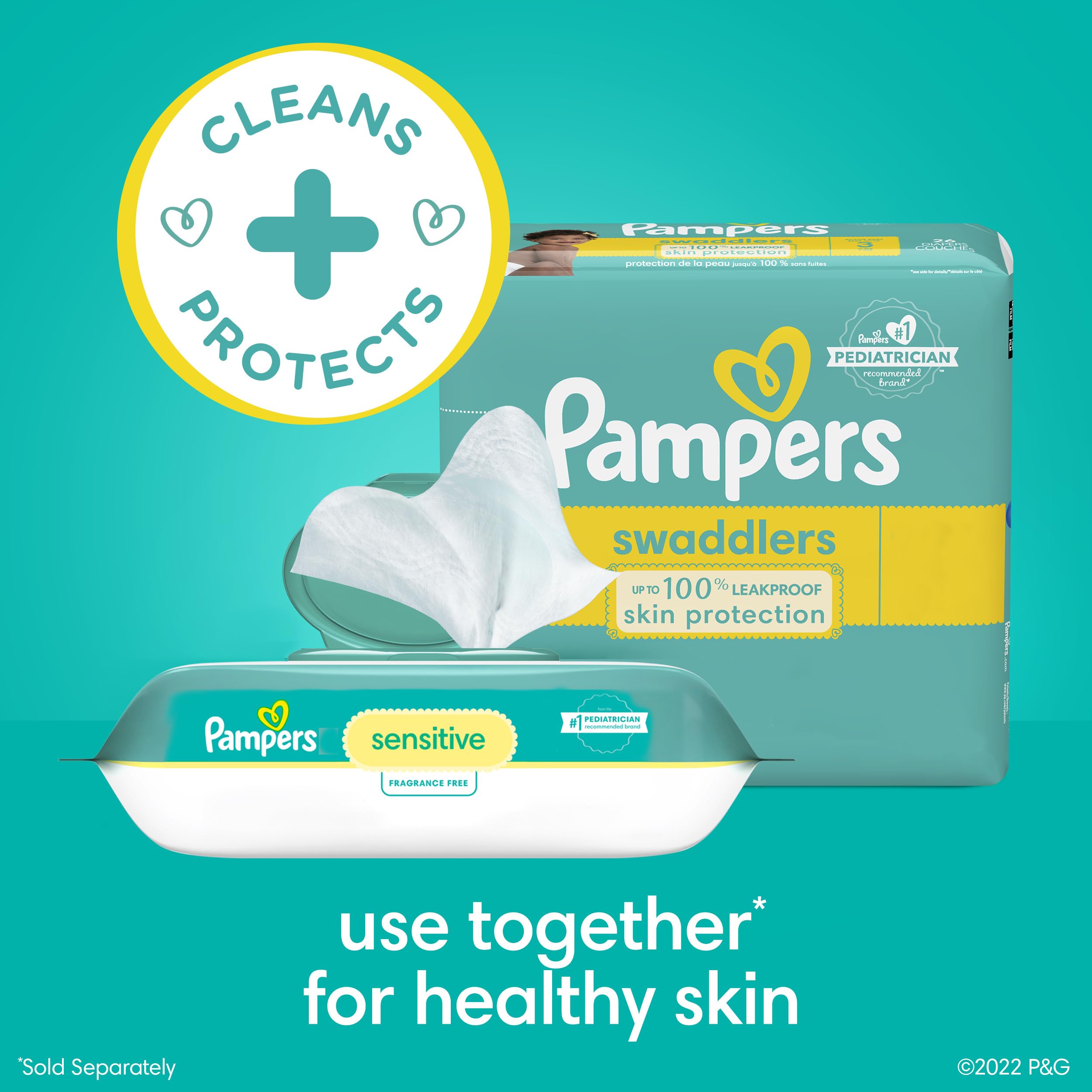 Pampers Baby Wipes Sensitive, Water Based Hypoallergenic and Unscented 504 Total (6 Flip-Top Packs)